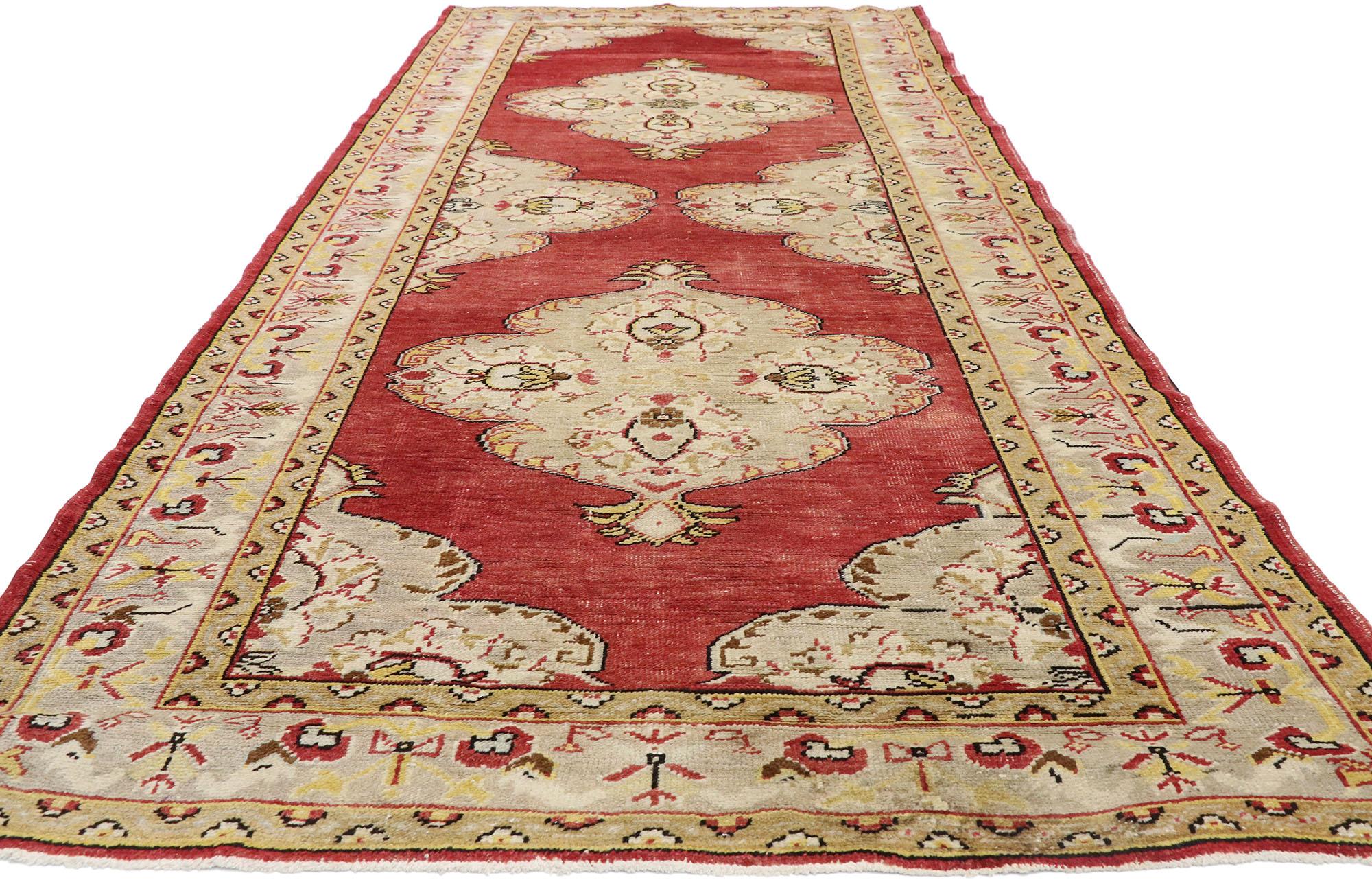 Hand-Knotted Vintage Turkish Oushak Carpet Runner with Jacobean Tudor Style For Sale