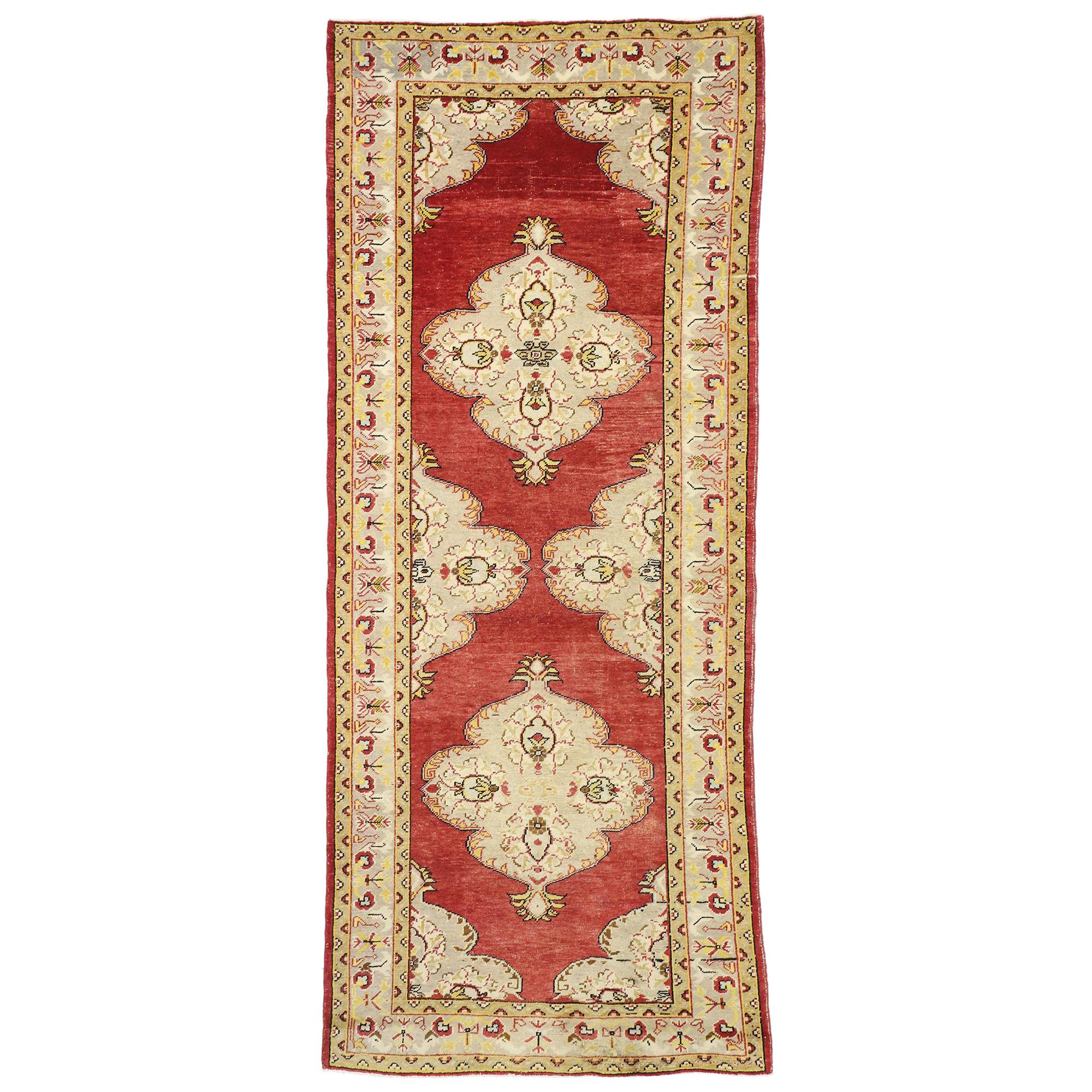 Vintage Turkish Oushak Carpet Runner with Jacobean Tudor Style