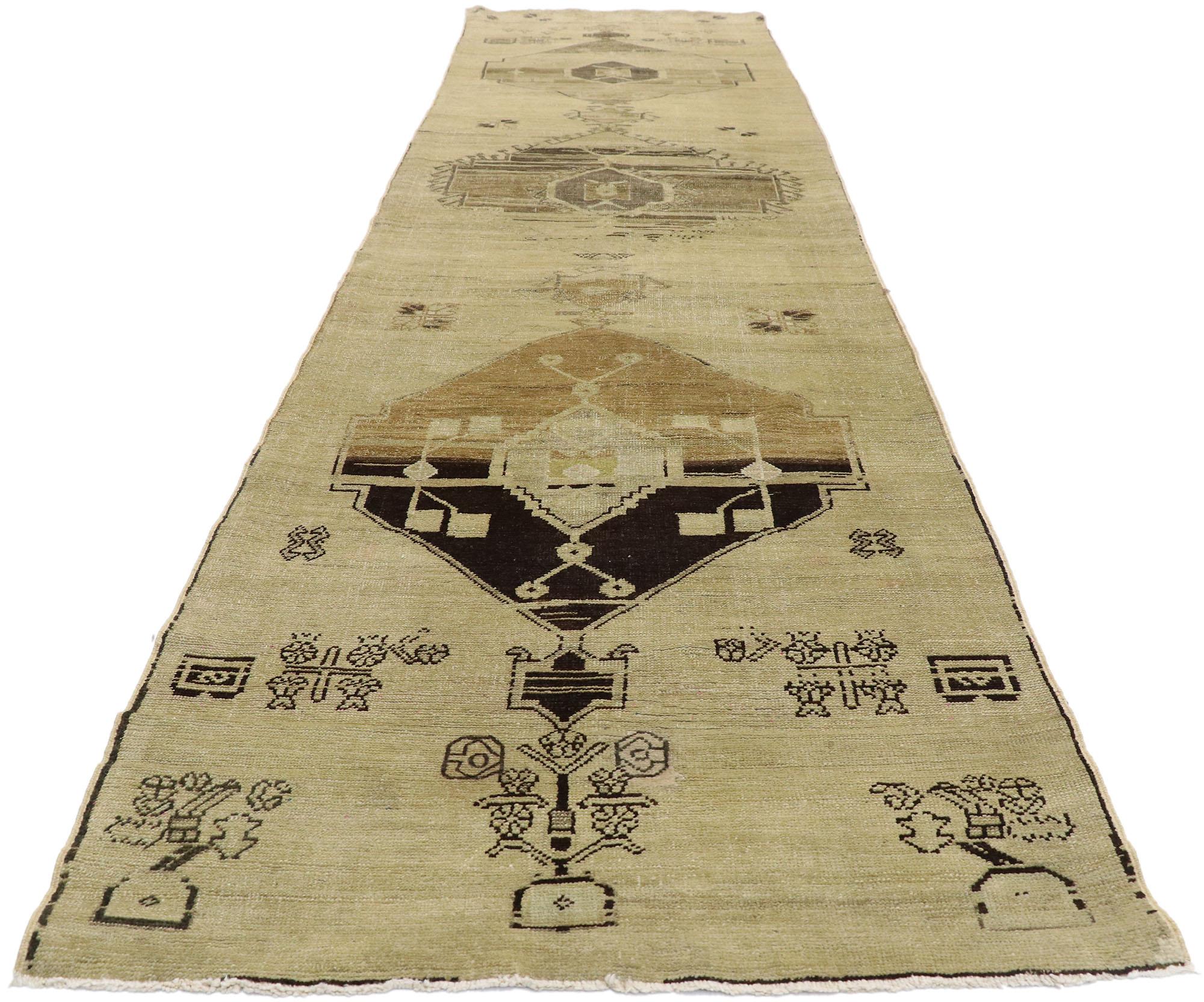 Hand-Knotted Vintage Turkish Oushak Runner with Mid-Century Modern Style