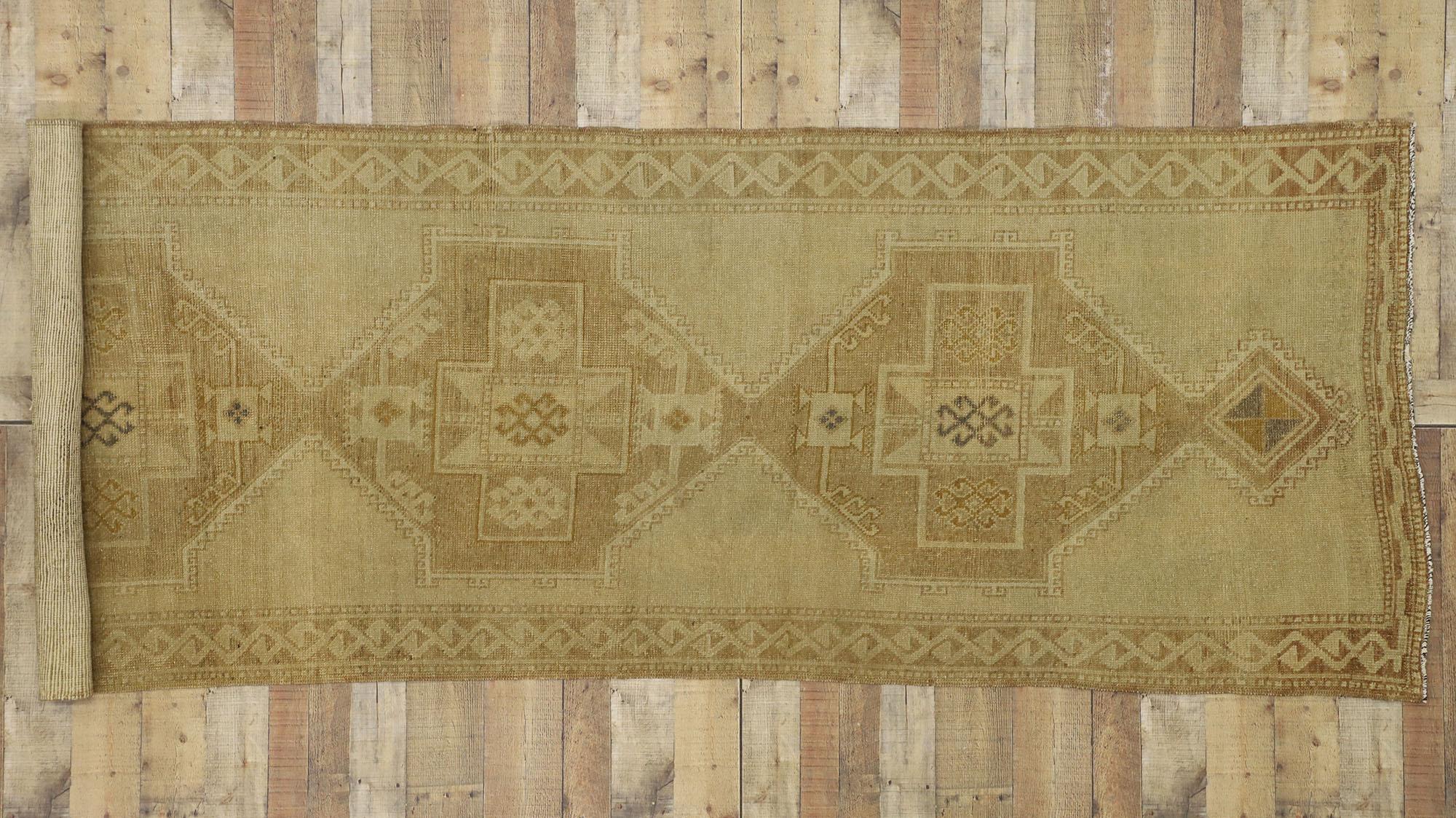 Hand-Knotted Vintage Turkish Oushak Carpet Runner with Modern Style and Muted Colors For Sale