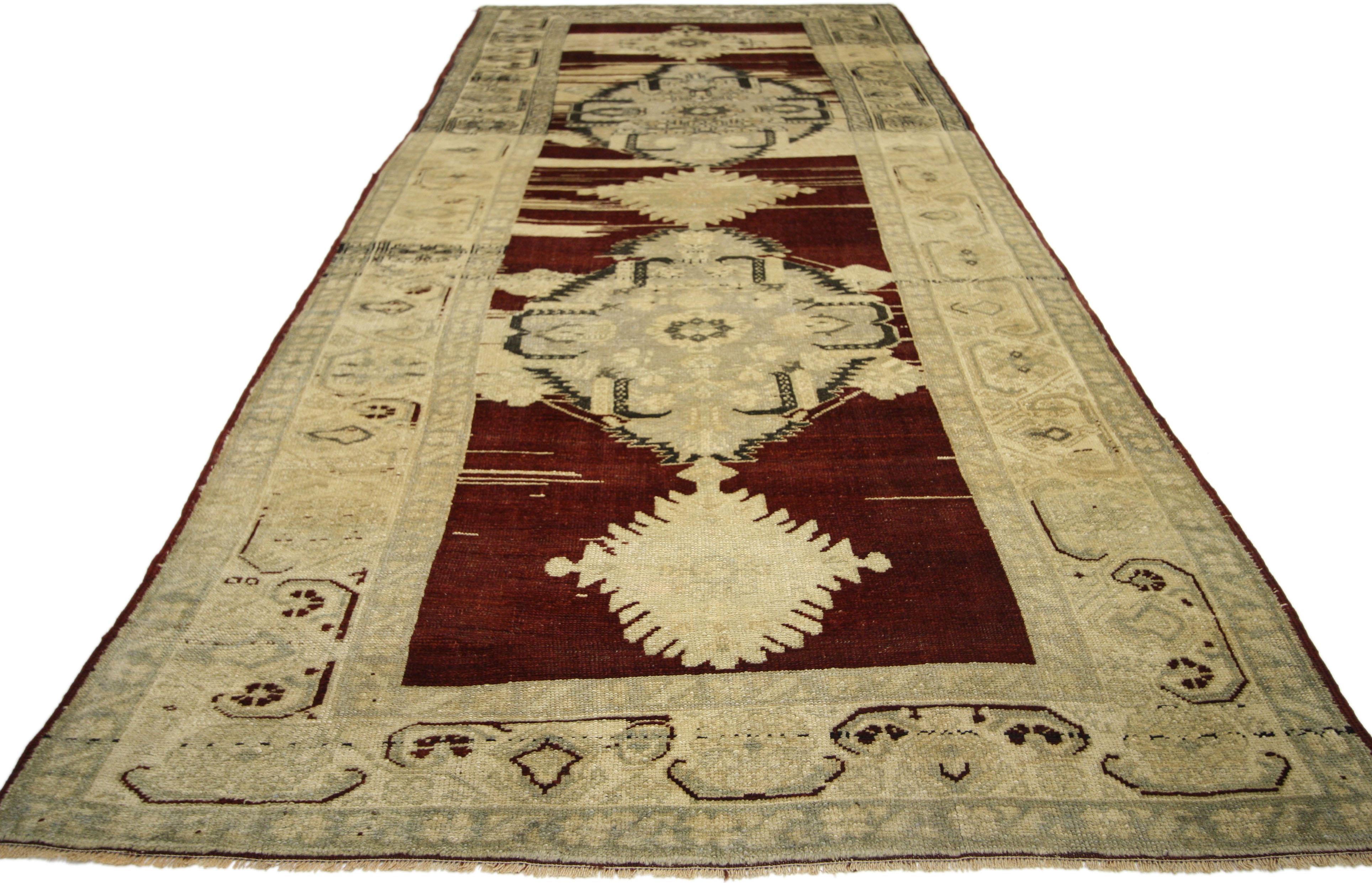 Hand-Knotted Vintage Turkish Oushak Carpet Runner with Modern Style, Hallway Runner For Sale