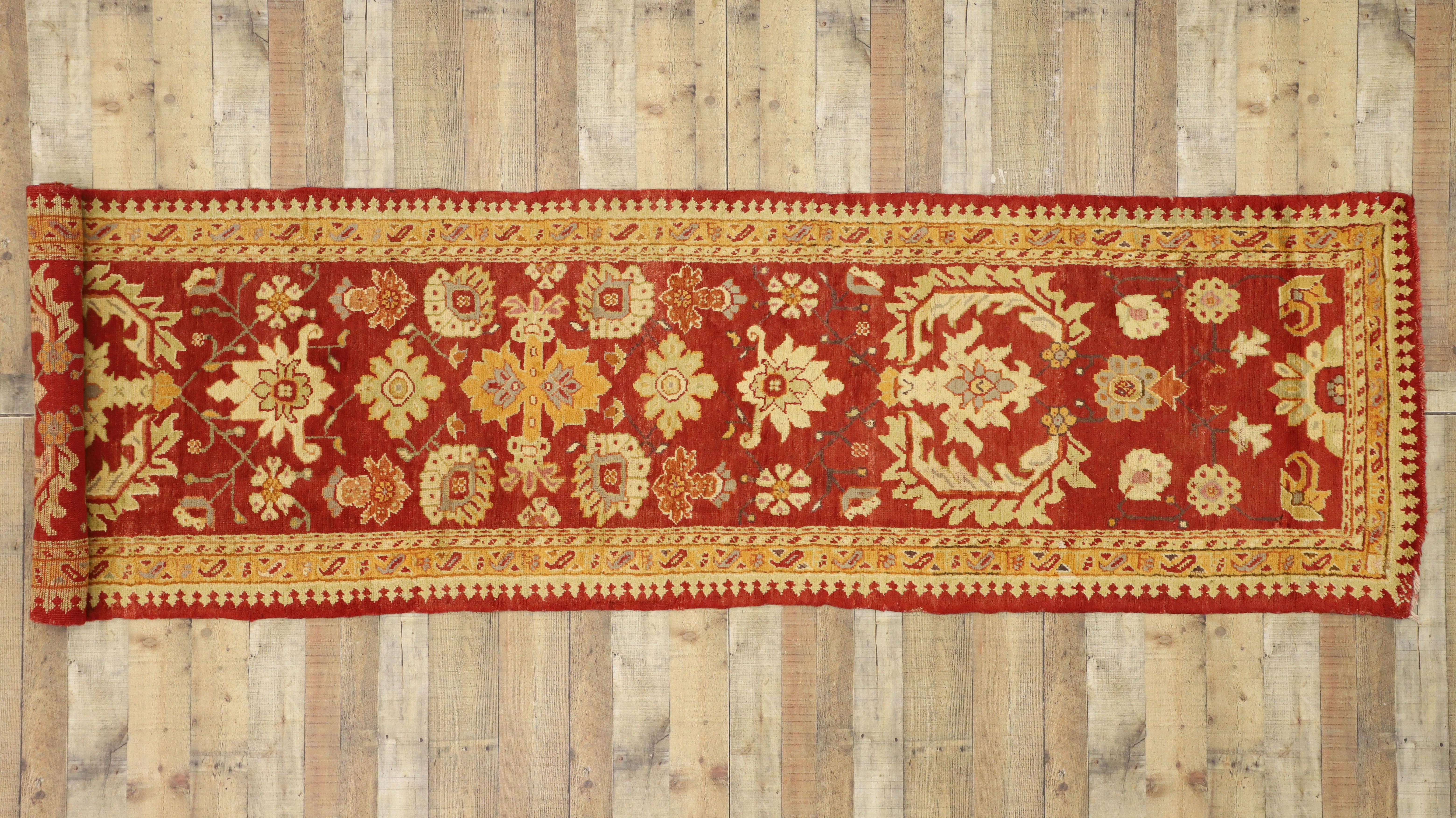 Vintage Turkish Oushak Runner with English Manor House Tudor Style For Sale 2