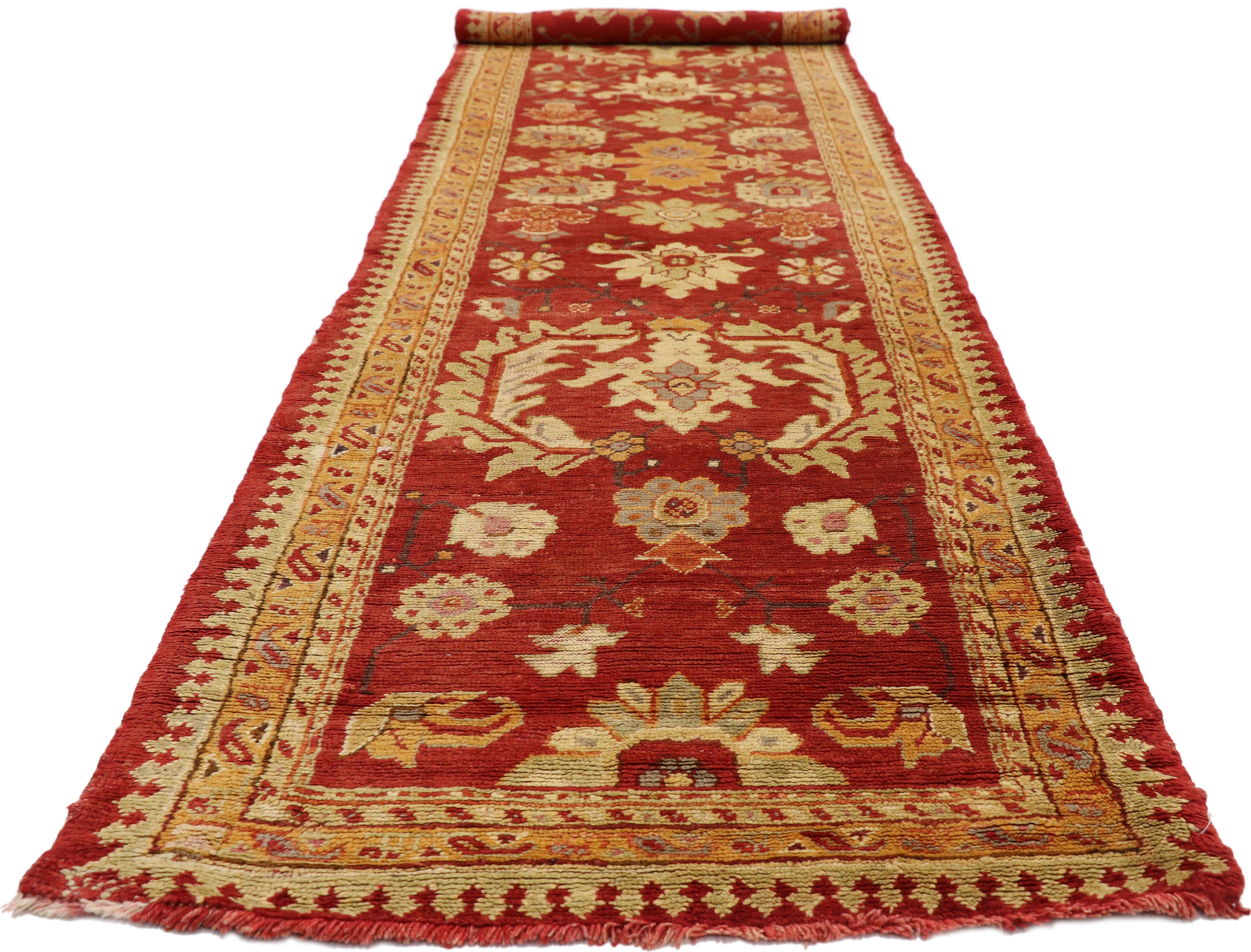 Hand-Knotted Vintage Turkish Oushak Runner with English Manor House Tudor Style For Sale
