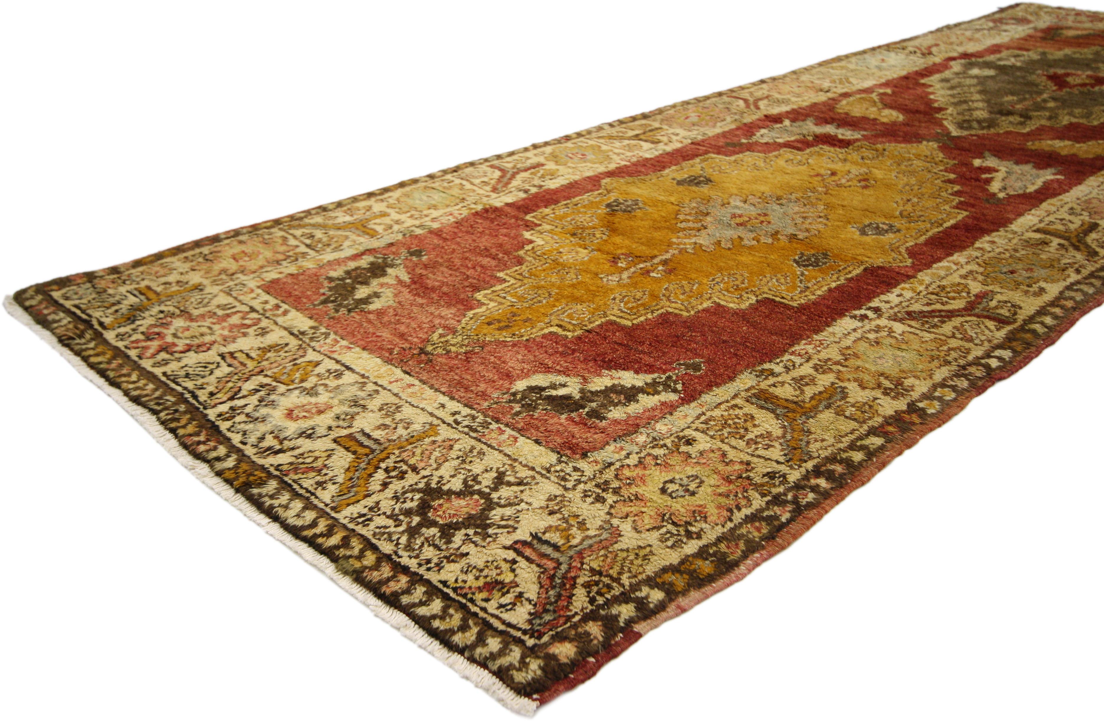 Hand-Knotted Vintage Turkish Oushak Runner with Mid-Century Modern Tribal Style For Sale