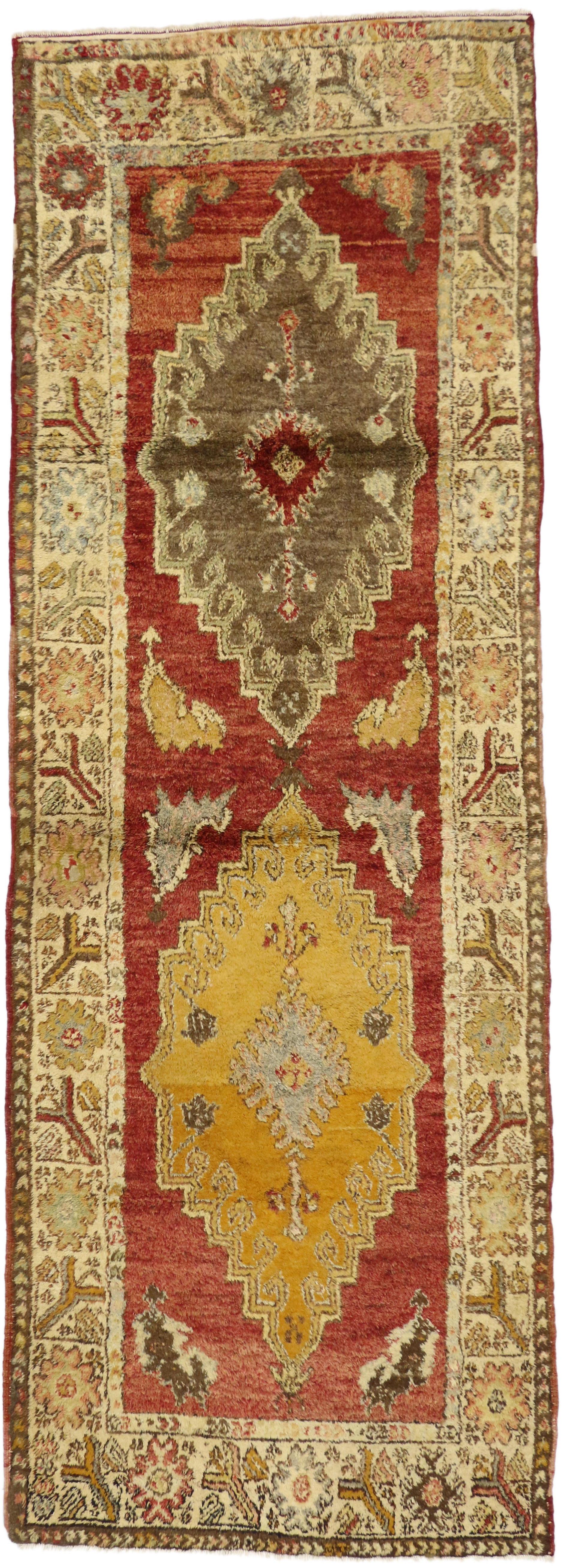 50926 Vintage Turkish Oushak Runner with Mid-Century Modern Tribal Style 03'08 x 10'05. Warm and inviting with rich earthy colors, this hand-knotted wool vintage Turkish Oushak runner beautifully embodies Mid-Century Modern style with nomadic charm.