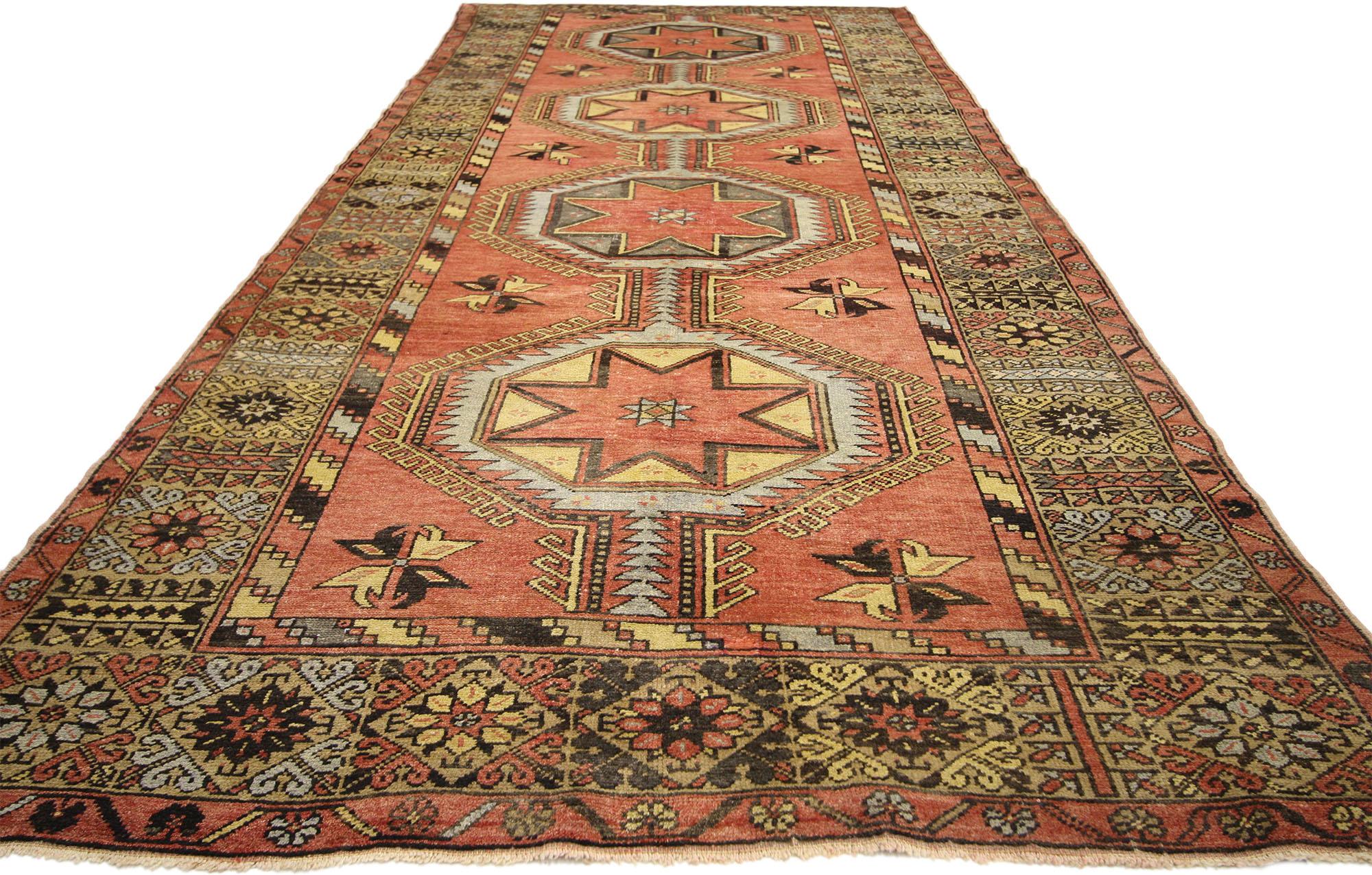 Vintage Turkish Oushak Carpet Runner with Modern Tribal Style In Good Condition For Sale In Dallas, TX
