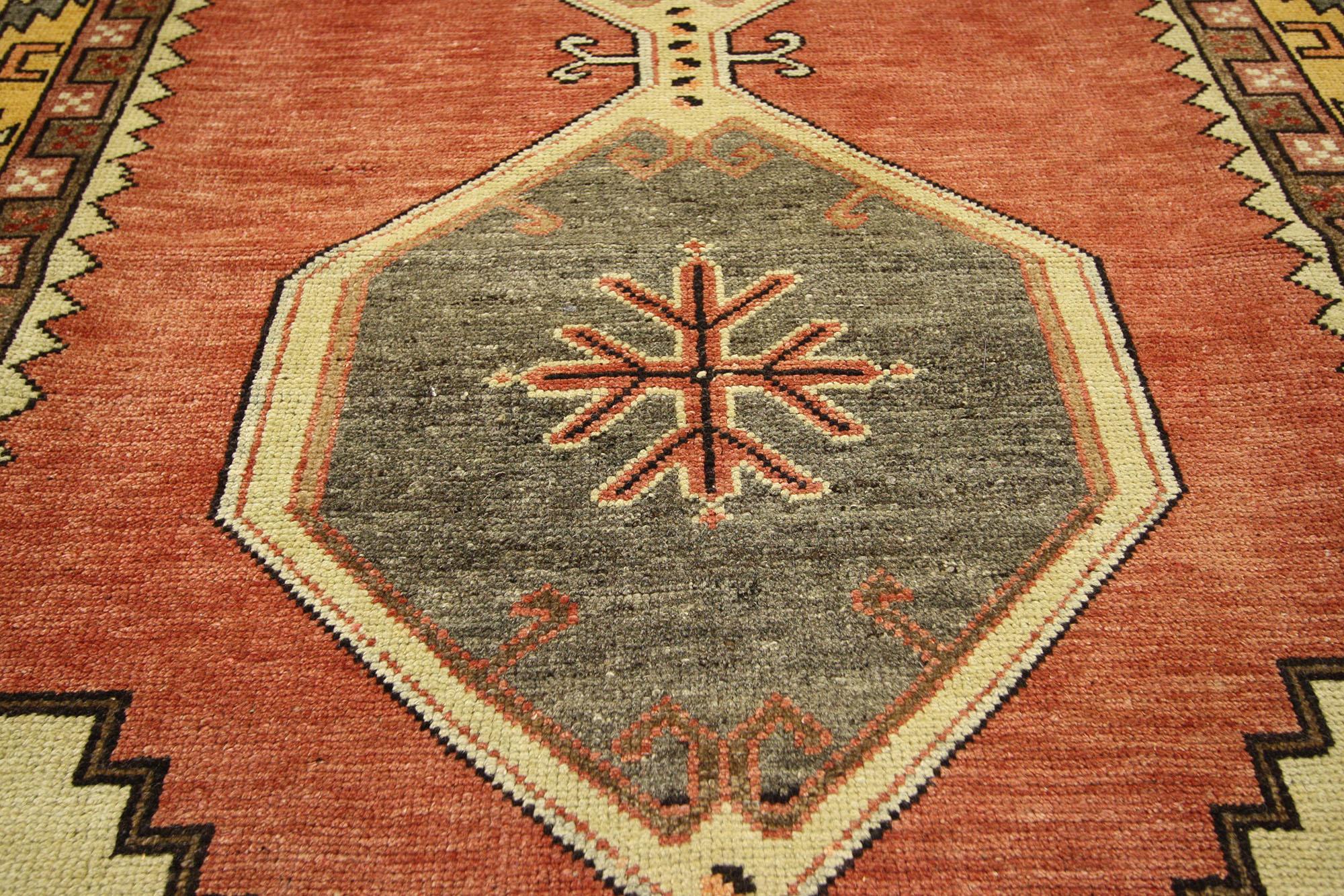 Hand-Knotted Vintage Turkish Oushak Carpet Runner with Modern Tribal Style For Sale