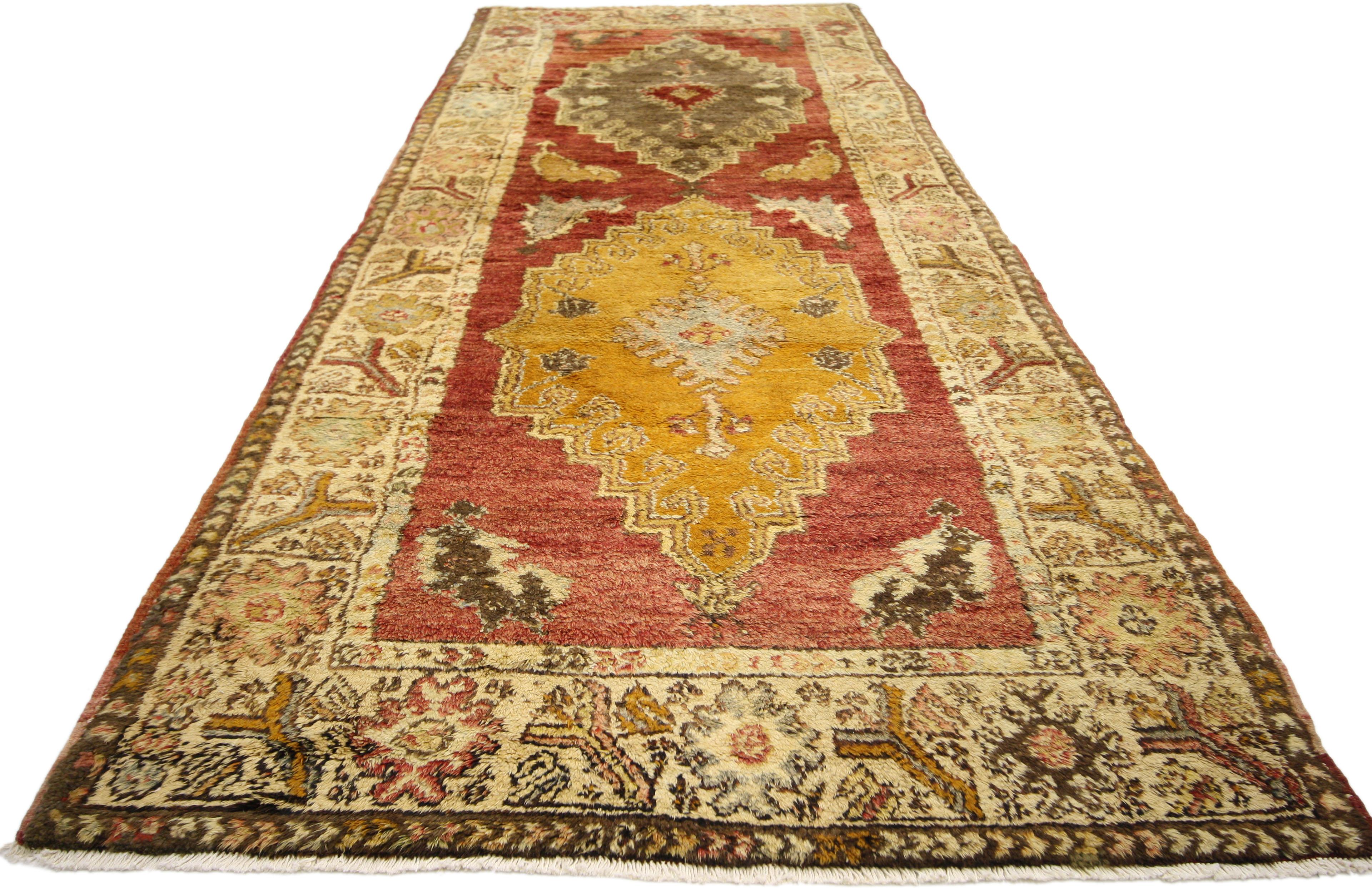 Vintage Turkish Oushak Runner with Mid-Century Modern Tribal Style In Good Condition For Sale In Dallas, TX