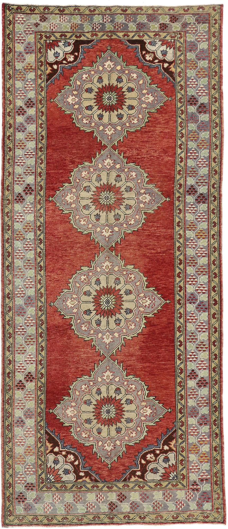 51361 Vintage Turkish Oushak Carpet Runner with Traditional Style 04'10 x 11'03. With its striking appeal and saturated red color palette, this hand-knotted wool vintage Turkish Oushak runner appears like a sumptuous Italian velvet, recalling the
