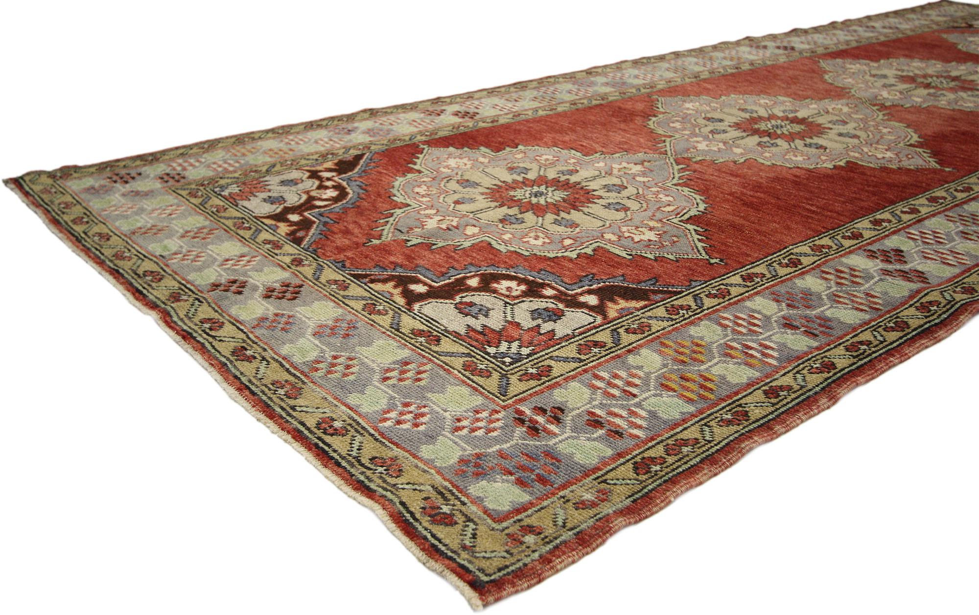Hand-Knotted Vintage Turkish Oushak Carpet Runner with Traditional Style For Sale
