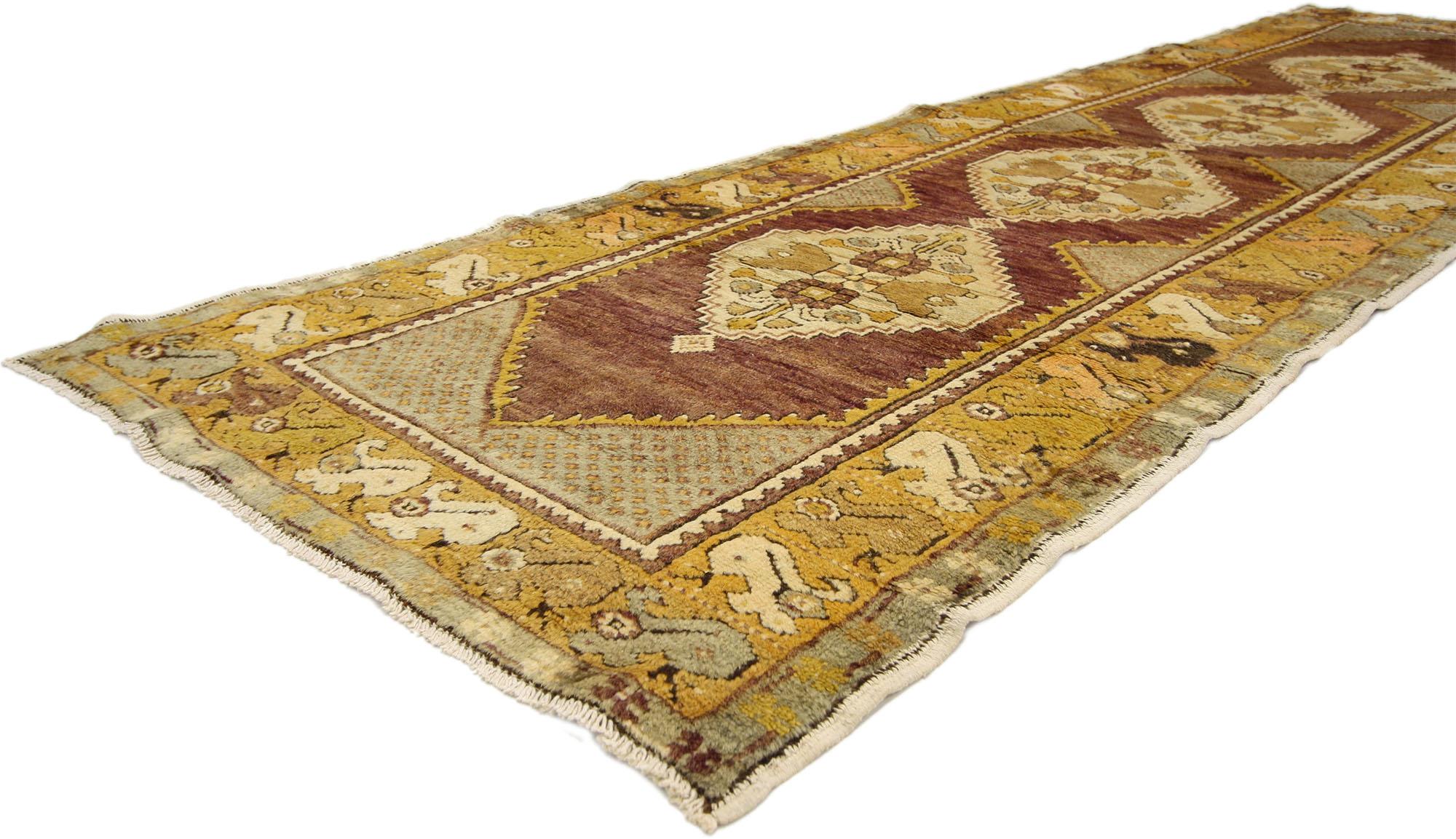 Hand-Knotted Vintage Turkish Oushak Runner with Traditional Style For Sale