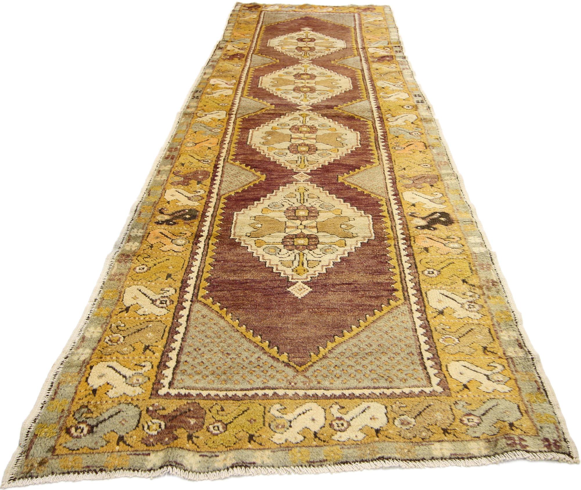 Vintage Turkish Oushak Runner with Traditional Style In Good Condition For Sale In Dallas, TX