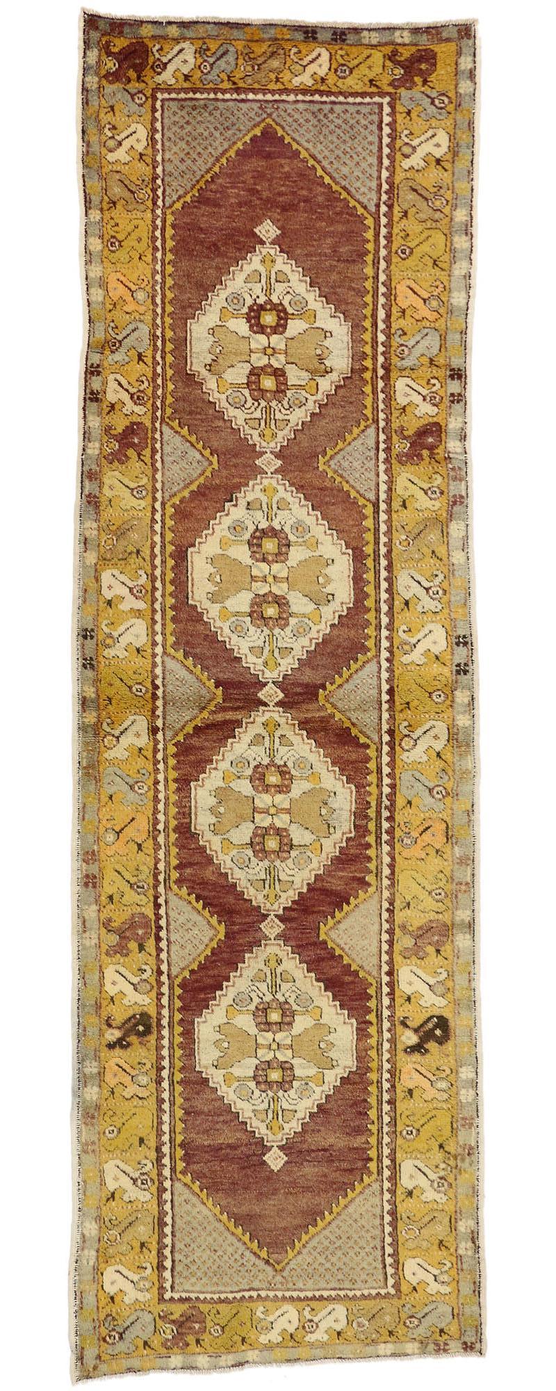 50929 Vintage Turkish Oushak Runner with Traditional Style 03'00 x 09'08. Warm and inviting, this hand-knotted wool vintage Turkish Oushak runner will create a casual elegant setting with its traditional style. The abrashed field features four