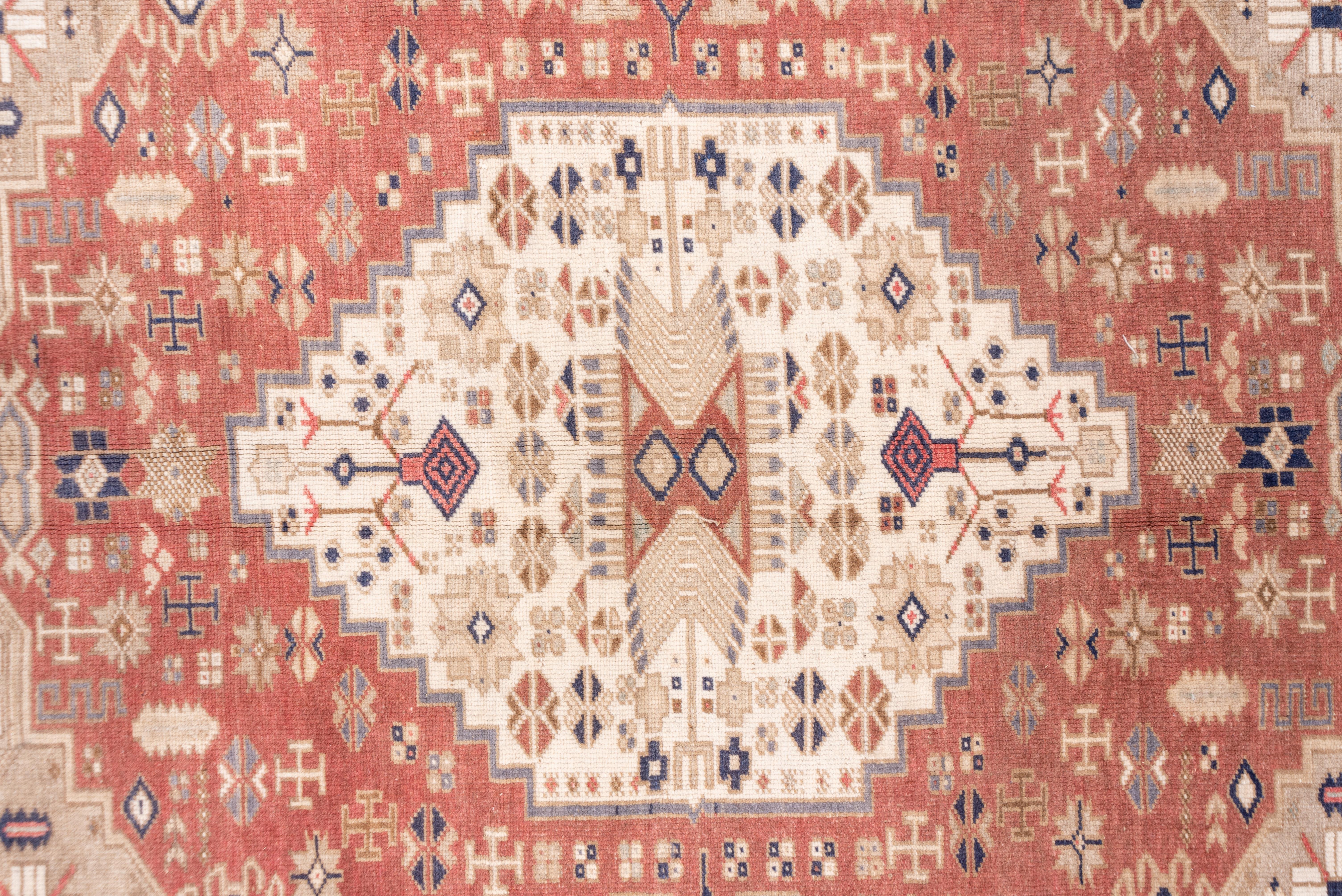 Mid-20th Century Vintage Turkish Oushak Carpet, Single Border, Red Field, Unique Pattern For Sale