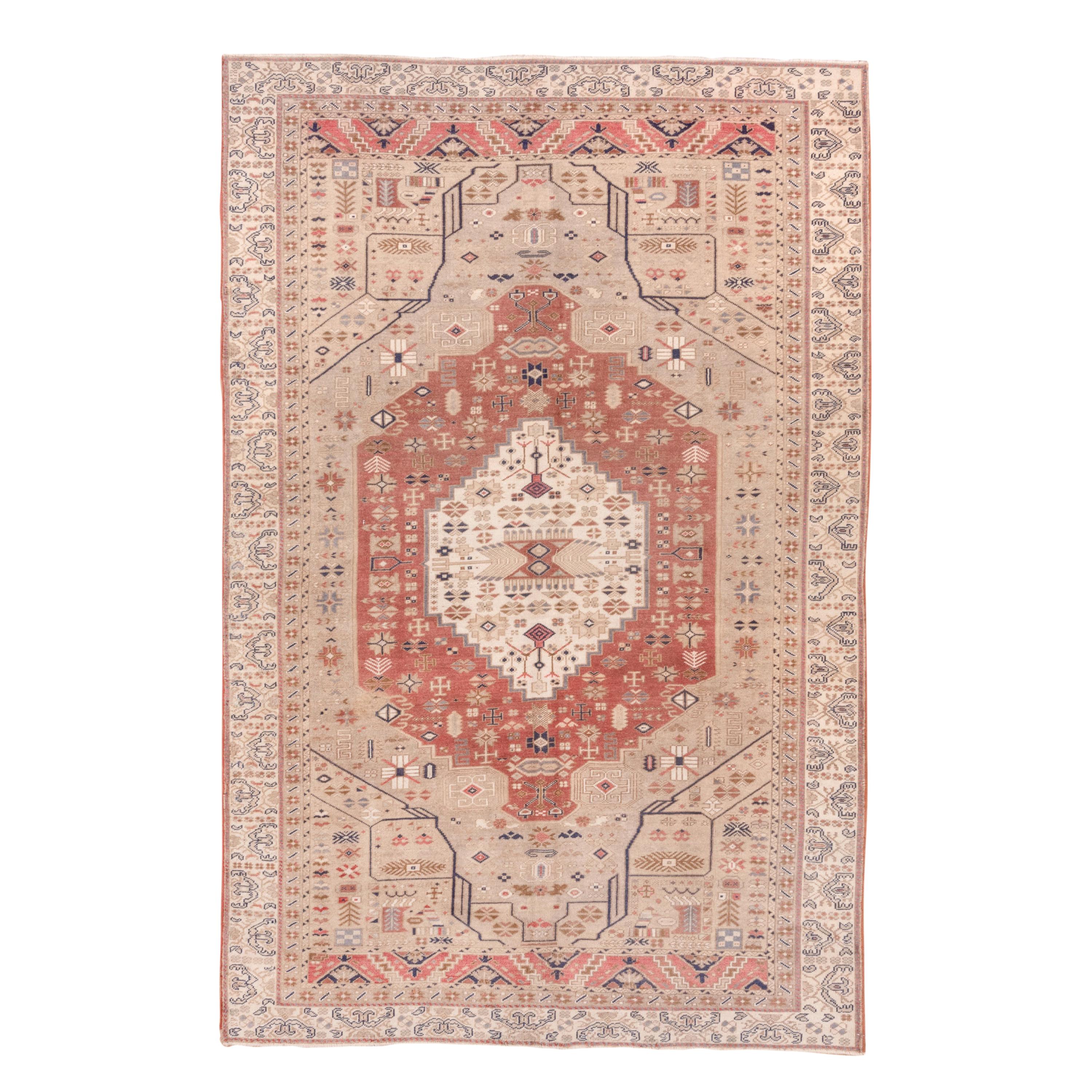 Vintage Turkish Oushak Carpet, Single Border, Red Field, Unique Pattern For Sale