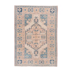 Vintage Turkish Oushak Carpet, Soft Palette, Pink and Blue Accents
