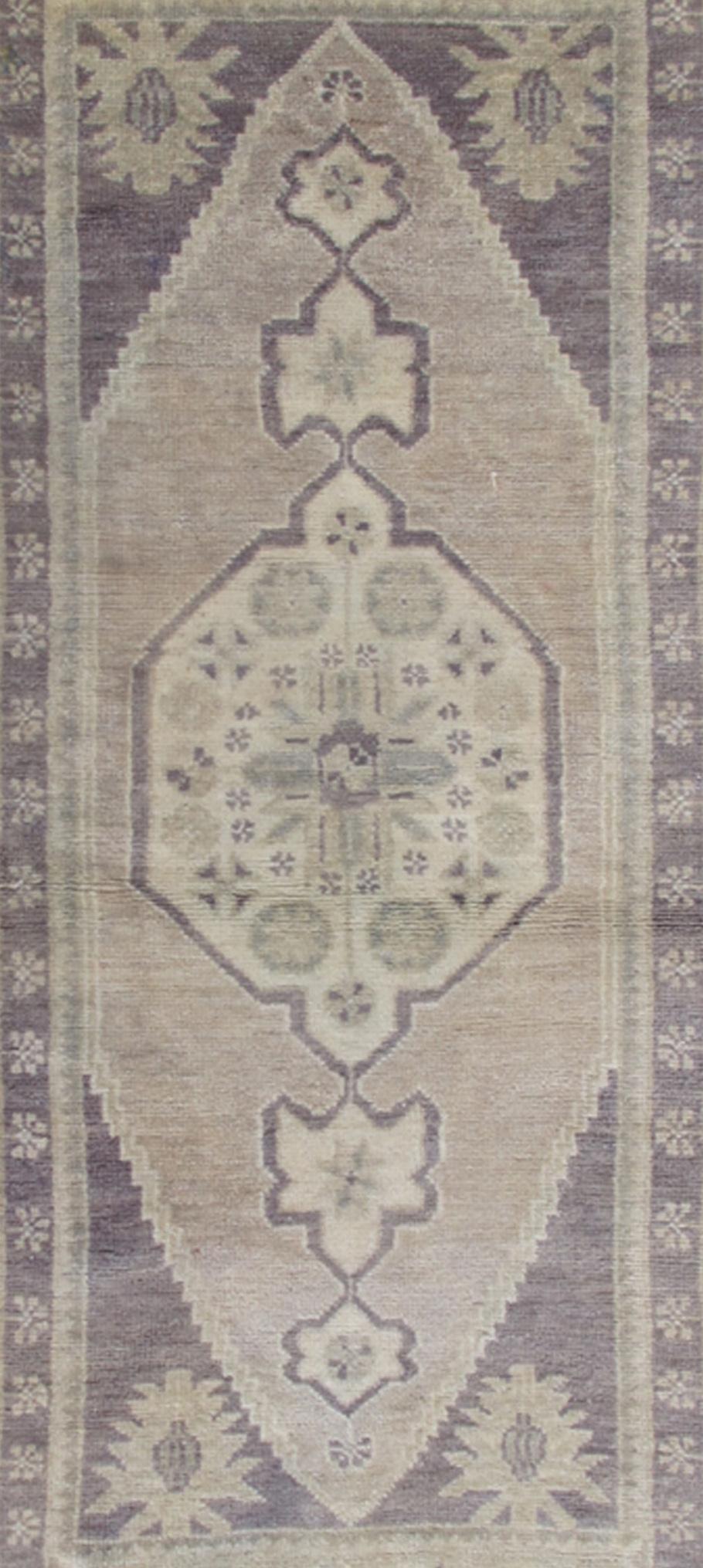 Hand-Knotted Vintage Turkish Oushak Carpet with Medallion in Dark Gray/Purple and Ivory For Sale