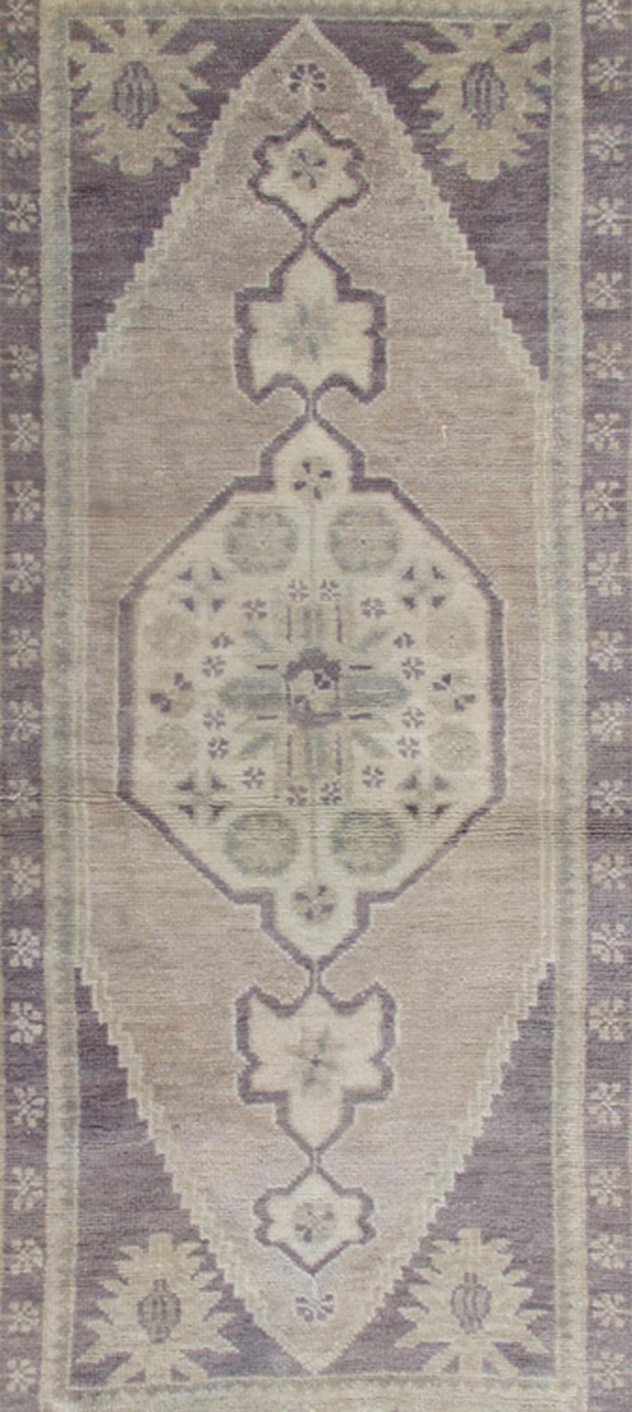 Hand-Knotted Vintage Turkish Oushak Carpet with Medallion in Dark Gray/Purple and Ivory