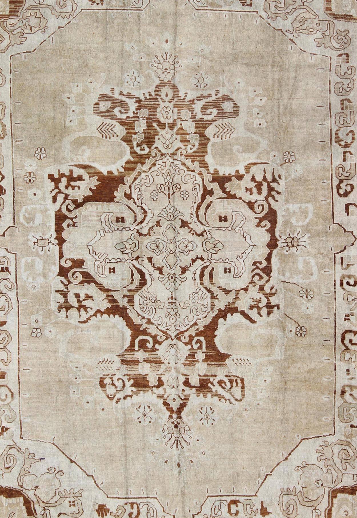 Hand-Knotted Vintage Turkish Oushak Carpet with Medallion in Sienna, Mocha and Bone Colors For Sale