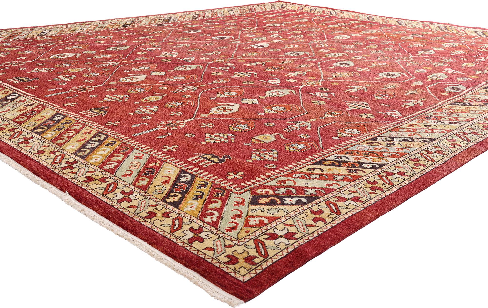 79254 Vintage Turkish Oushak Rug, 12'00 x 14'10. Radiating with a palette as curated as a haute couture collection, this hand-knotted wool vintage Turkish Oushak rug exudes a rarefied charm that feels both timeless and evocative. The red field—deep