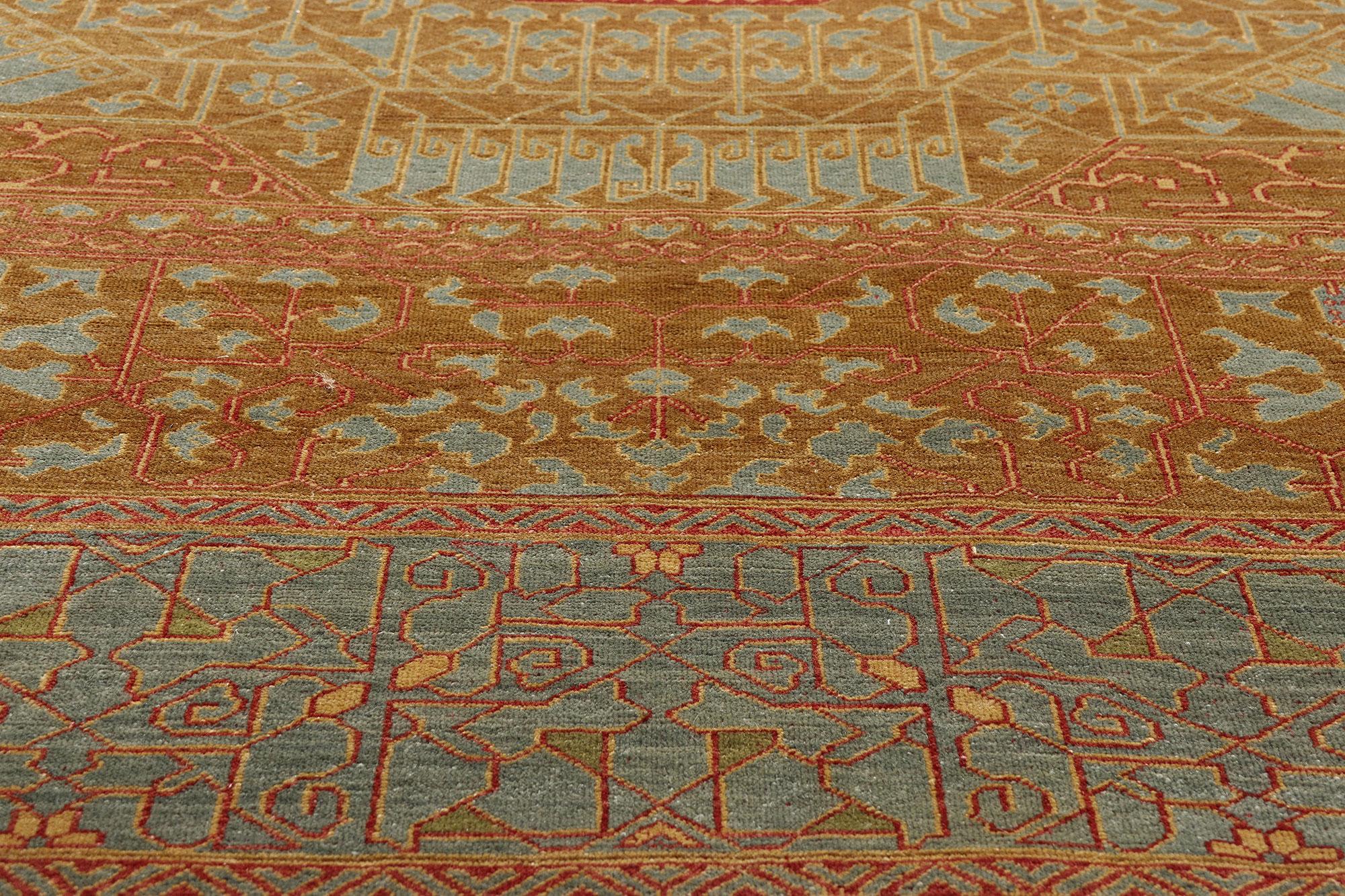 79248 Vintage Turkish Oushak Rug, 08'09 x 11'05. Bathed in a rare fusion of golden brown and celestial blue, this one-of-a-kind, hand-knotted wool vintage Turkish Oushak rug stands as an exceptional expression of restrained opulence and