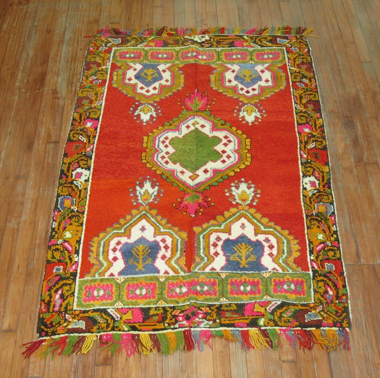 Vintage Turkish Oushak Colorful Fringe Rug For Sale at 1stDibs