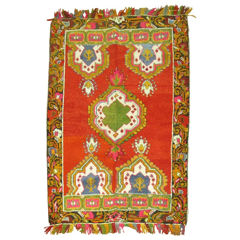 Vintage Turkish Oushak Colorful Fringe Rug For Sale at 1stDibs
