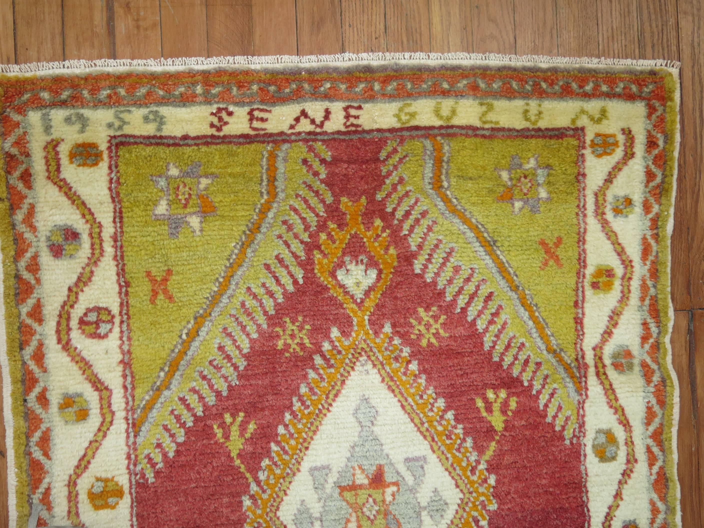 Colorful Vintage Turkish Oushak Dated 1959 In Good Condition In New York, NY