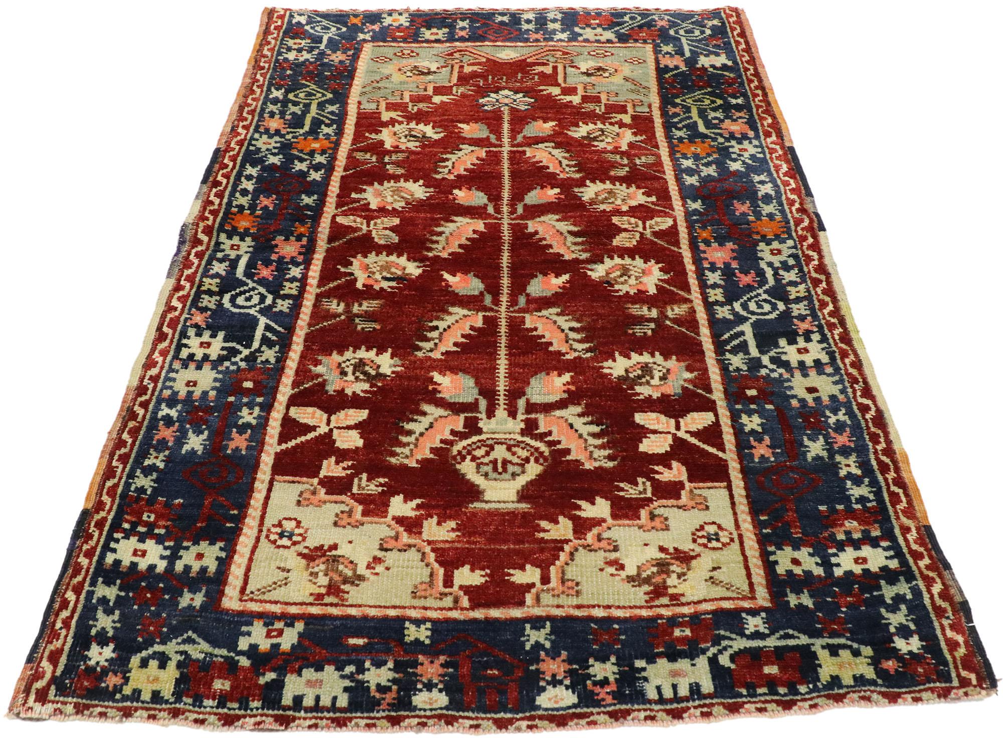 Hand-Knotted Vintage Turkish Oushak Directional Prayer Rug with Modern Jacobean Style For Sale