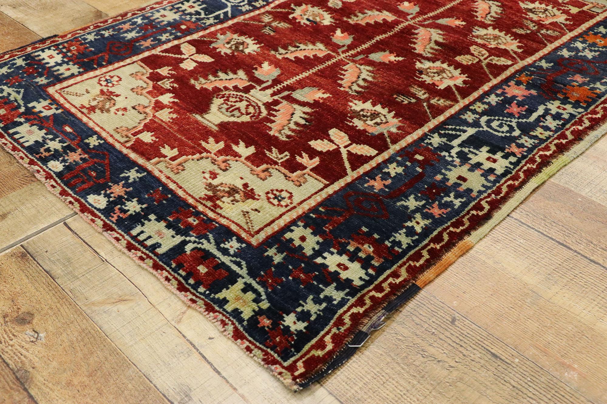 Wool Vintage Turkish Oushak Directional Prayer Rug with Modern Jacobean Style For Sale