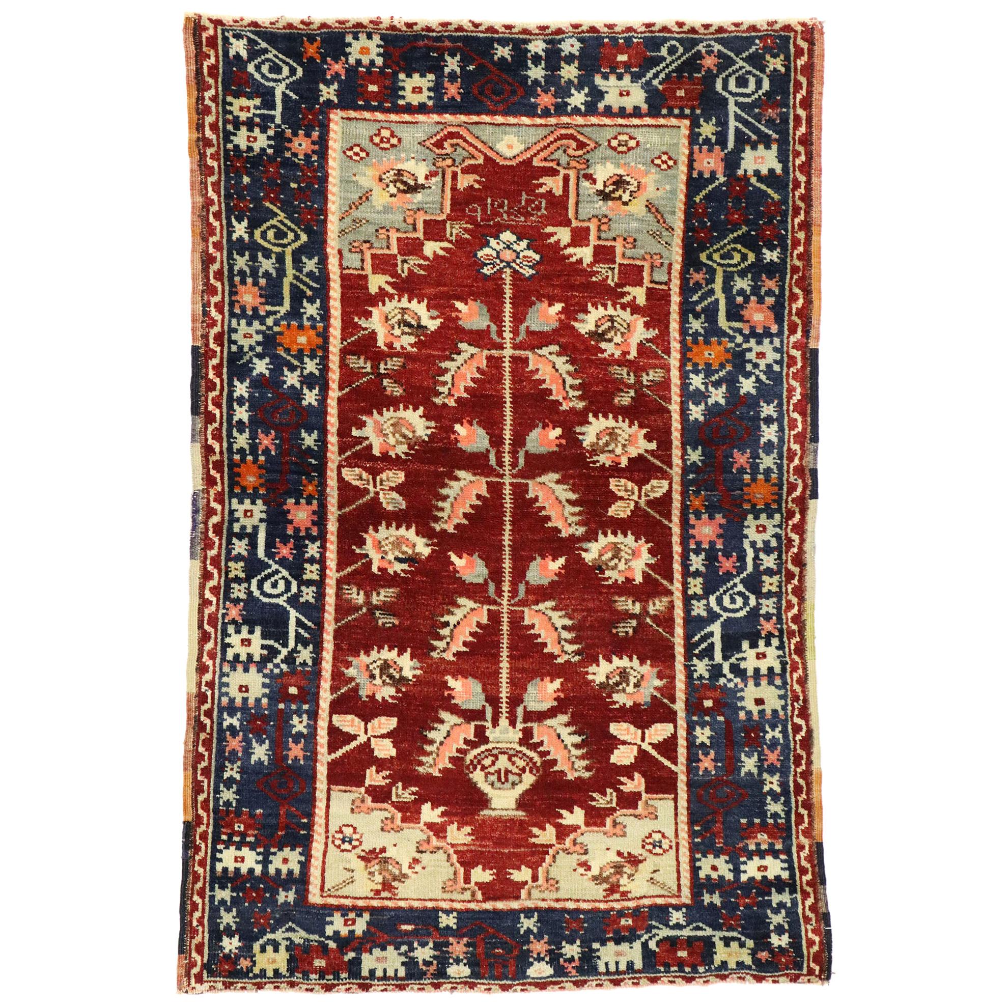 Vintage Turkish Oushak Directional Prayer Rug with Modern Jacobean Style For Sale