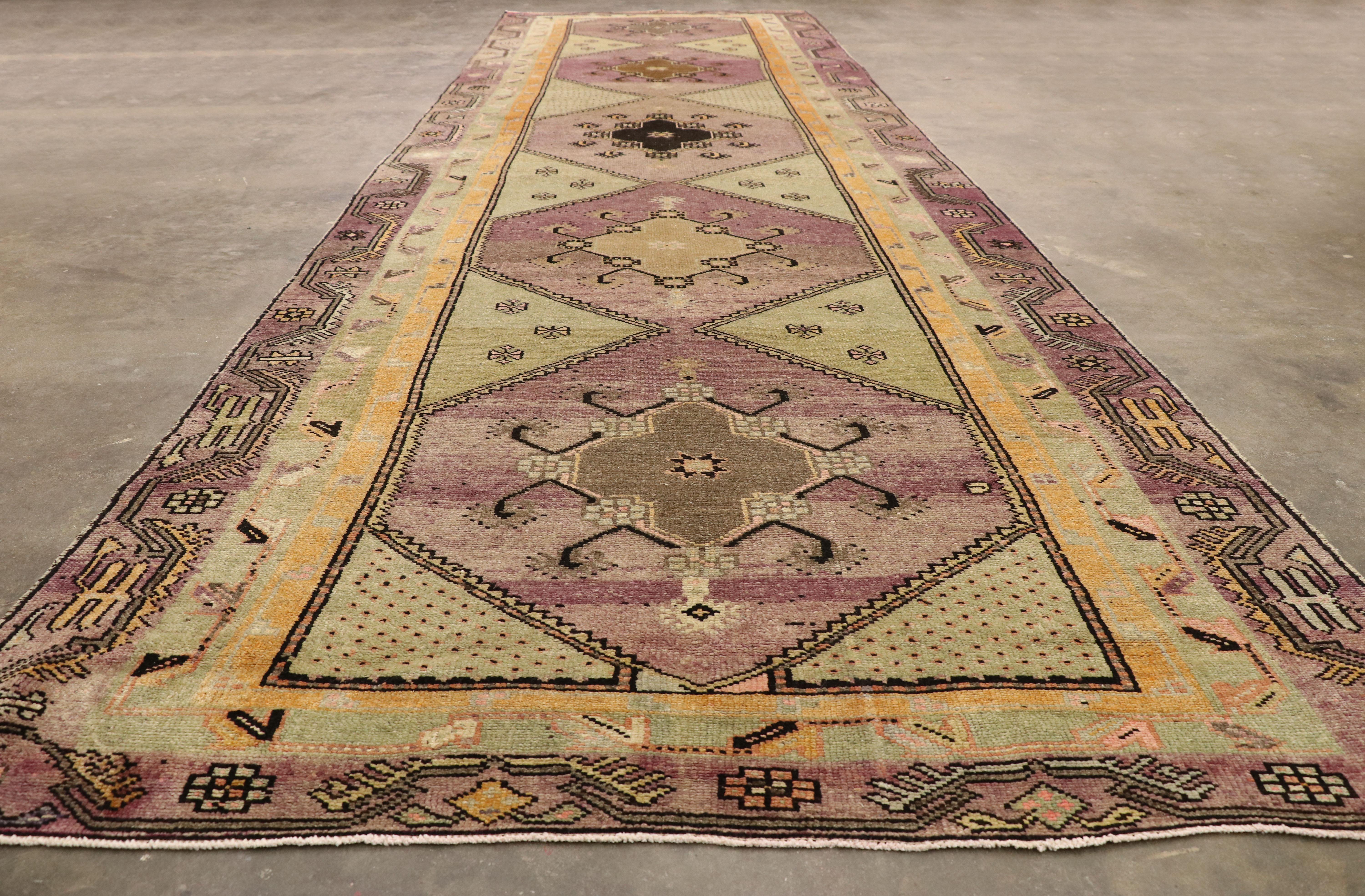 Wool Vintage Turkish Oushak Gallery Rug with Modern Bohemian Style For Sale