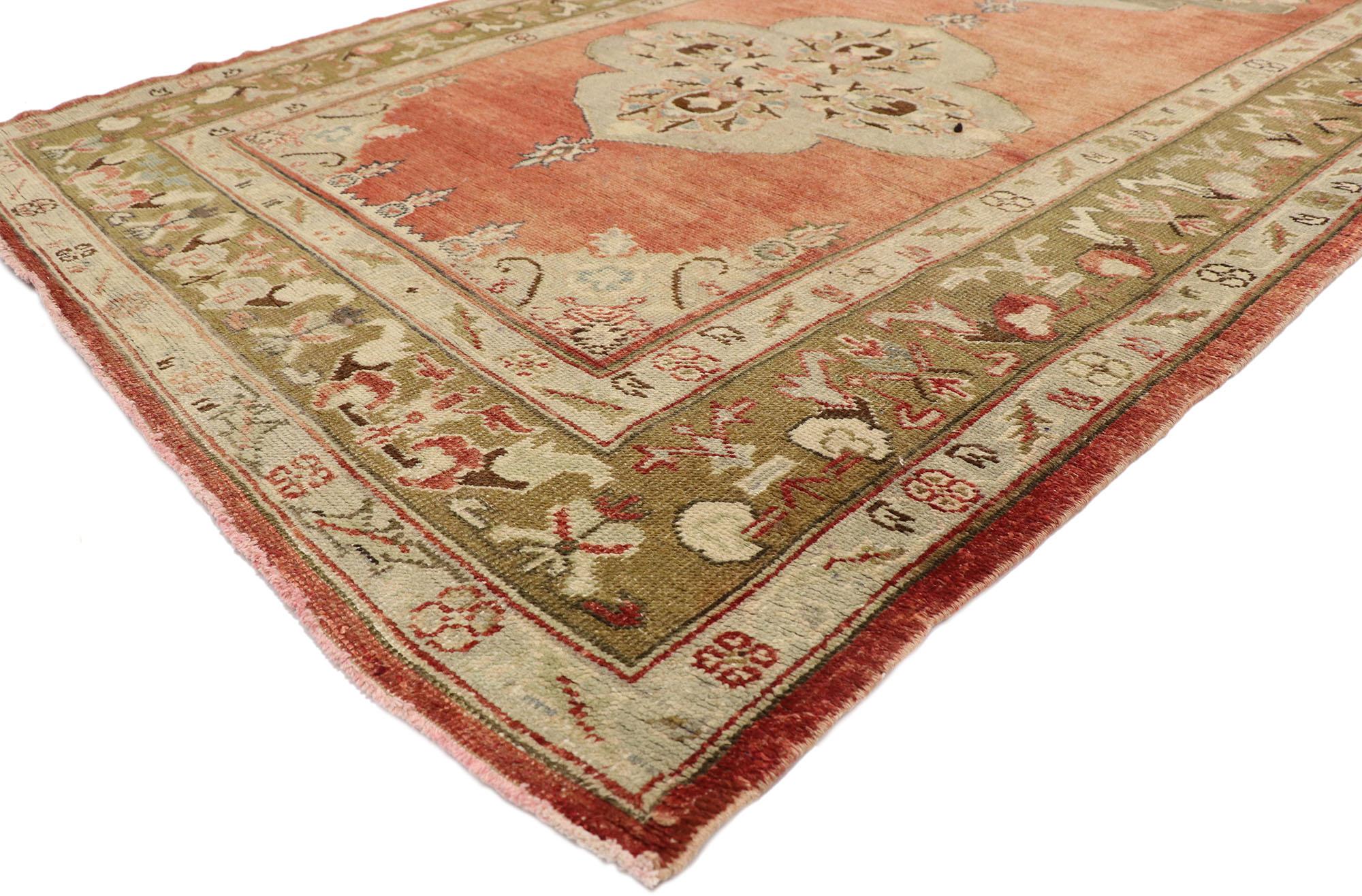 52171 Vintage Turkish Oushak Extra-Long Runner with Modern Tudor Style. This hand-knotted wool vintage Turkish Oushak runner features six cusped quatrefoil medallions patterned with blooming palmettes floating in an abrashed crimson field. Ornate