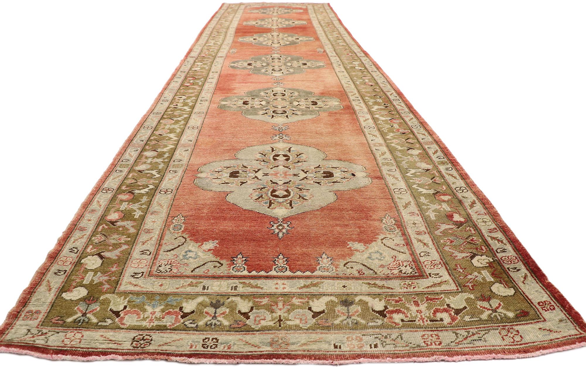 Hand-Knotted Vintage Turkish Oushak Extra-Long Runner with Modern Tudor Style