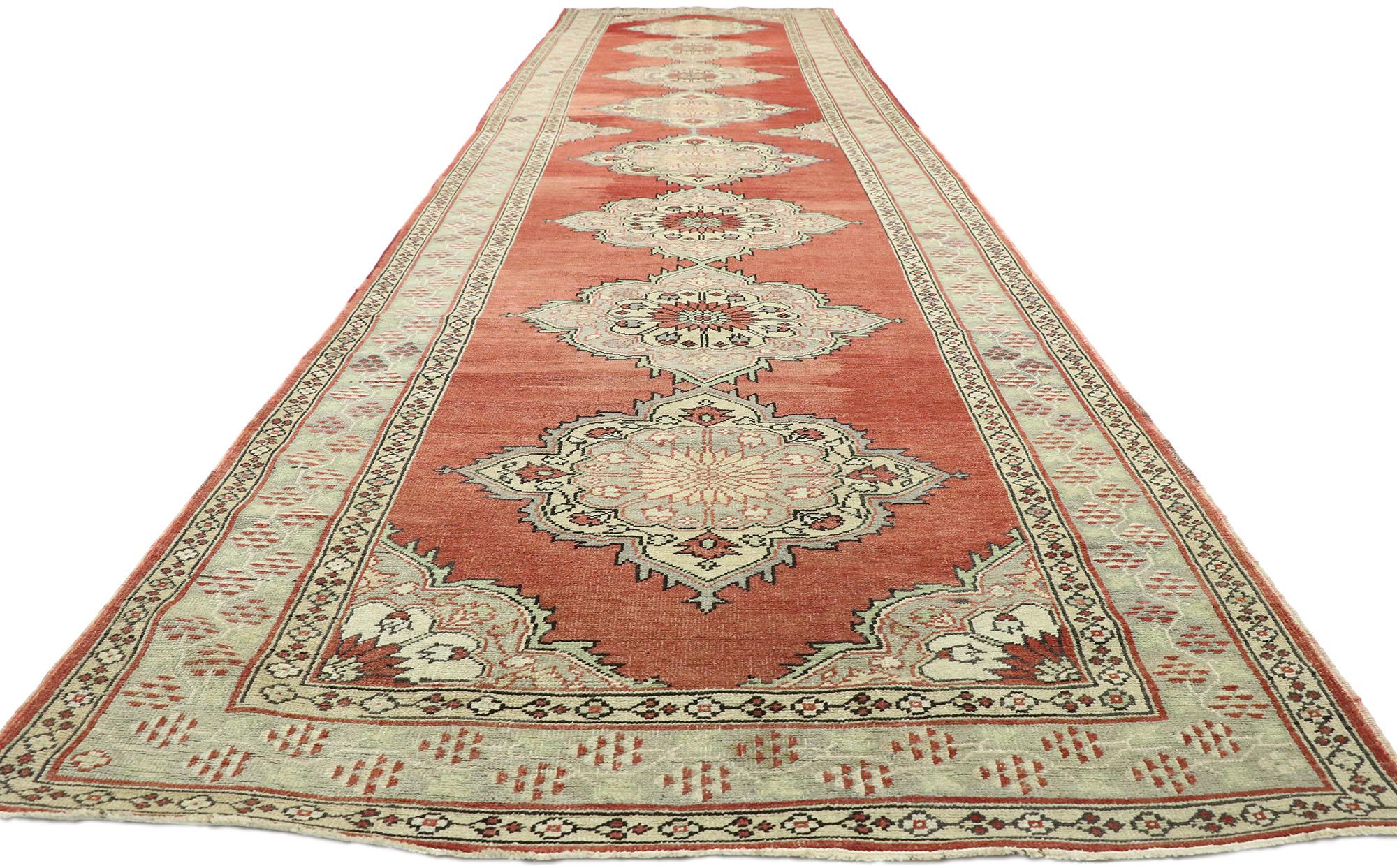 Hand-Knotted Vintage Turkish Oushak Extra-Long Runner with Modern Tudor Style For Sale
