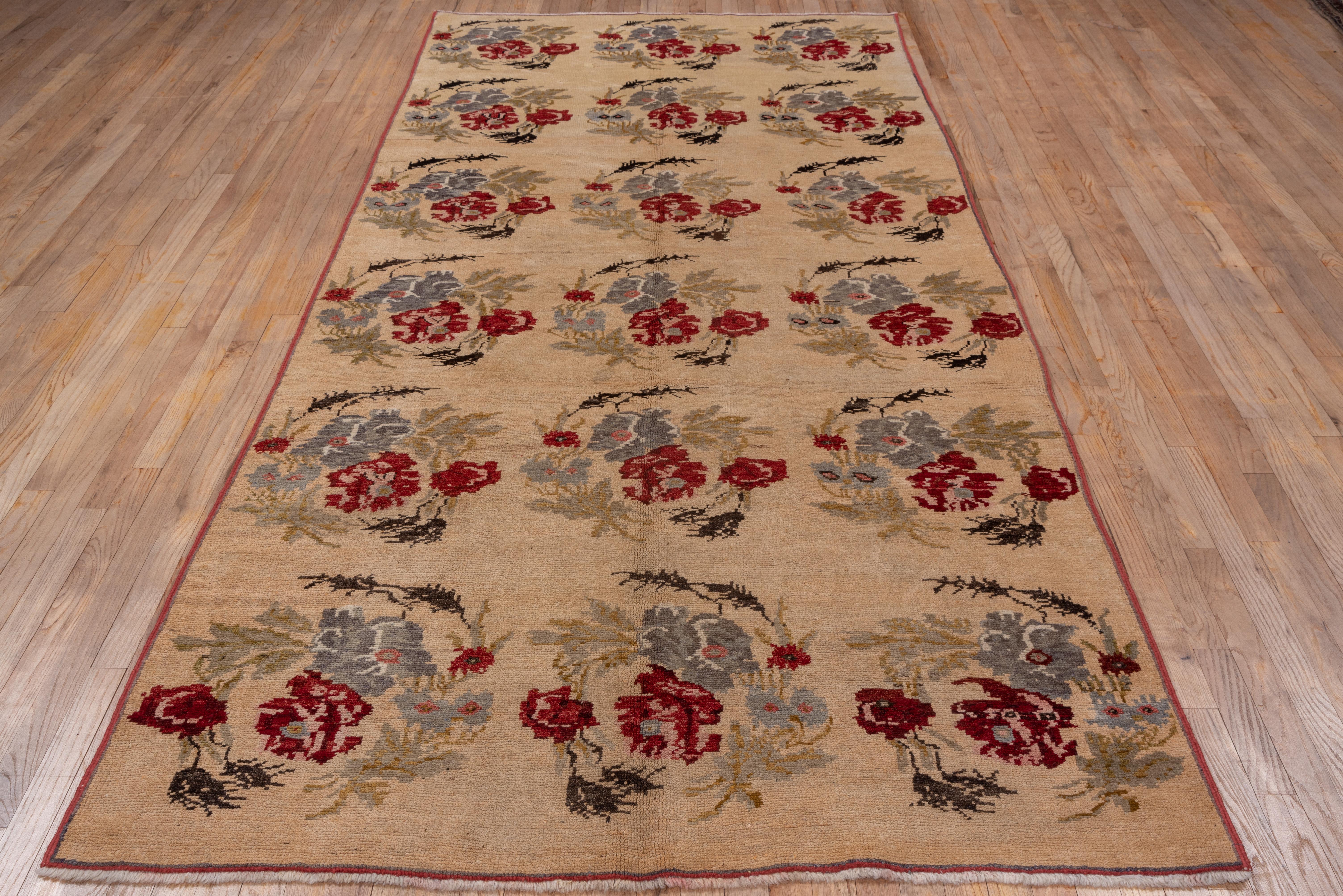 Hand-Knotted Vintage Turkish Oushak Gallery Carpet, Floral Design