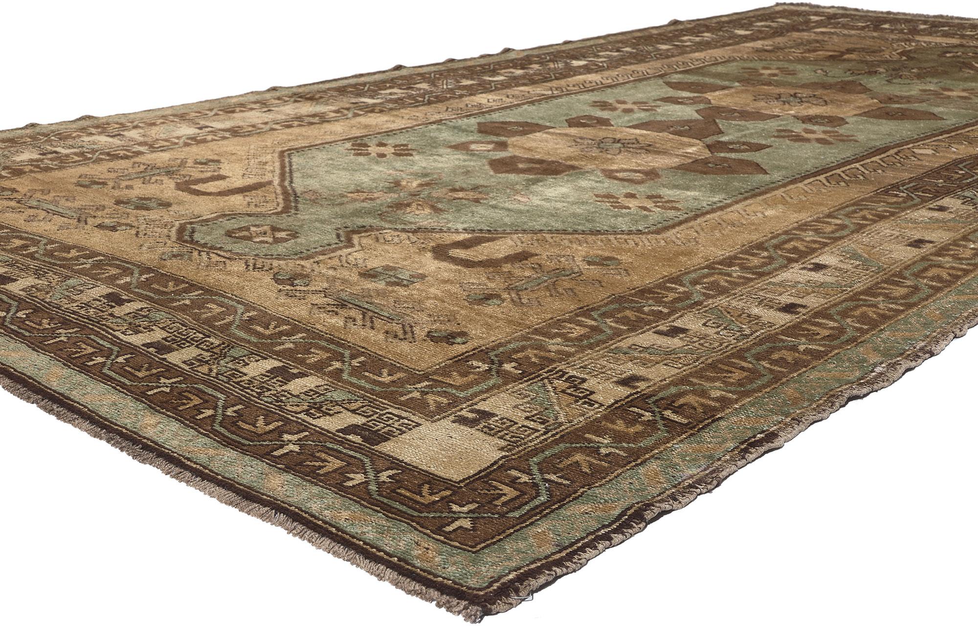 52407 Vintage Turkish Oushak Rug, 06'03 x 11'04. Embark on a journey where tribal enchantment meets Midcentury Modern style in this meticulously hand-knotted wool vintage Turkish Oushak rug. Rooted deeply in Anatolian tradition and adorned with