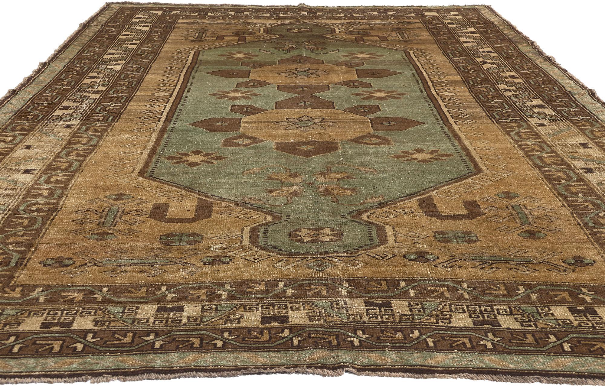 Hand-Knotted Vintage Turkish Oushak Rug, Midcentury Modern Meets Tribal Enchantment For Sale