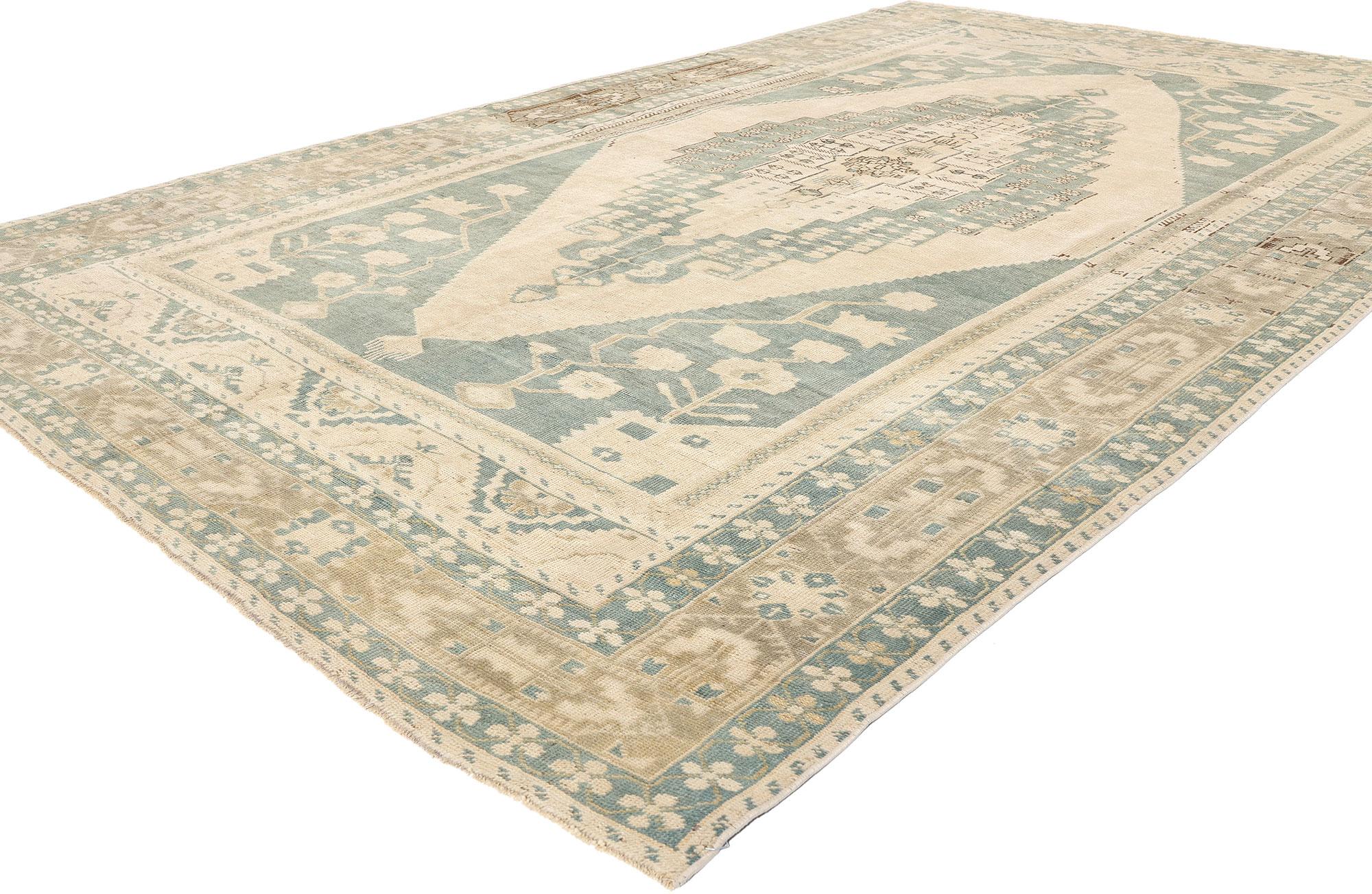 53681 Vintage Green Turkish Oushak Rug, 06'08 x 11'01. Antique-washed Turkish Oushak rugs are a type of traditional rug originating from the Oushak region in western Turkey that undergoes a specialized washing process to achieve an antique or
