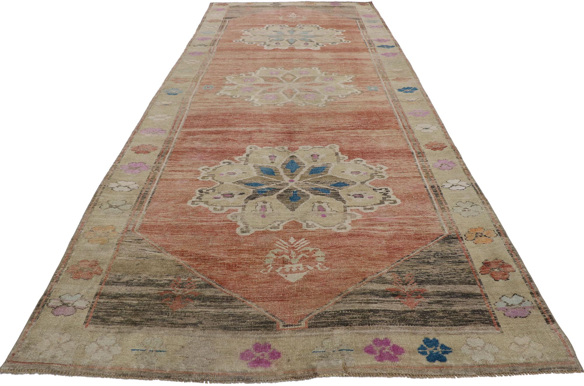 Hand-Knotted Vintage Turkish Oushak Gallery Rug For Sale