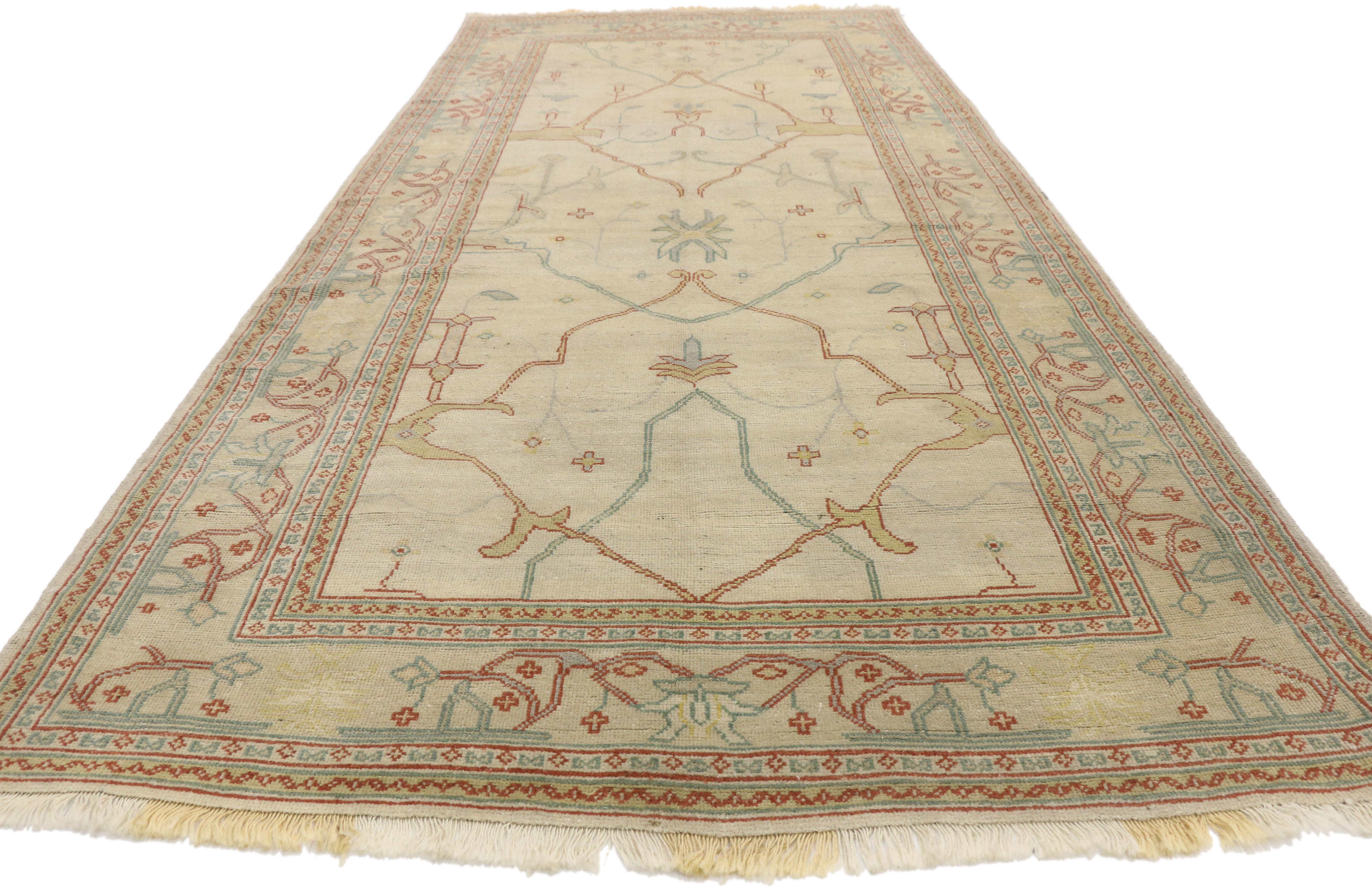 Neoclassical Vintage Turkish Oushak Gallery Rug, Hallway Runner with Tudor Neoclassic Style