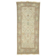 Vintage Turkish Oushak Gallery Rug, Hallway Runner with Tudor Neoclassic Style