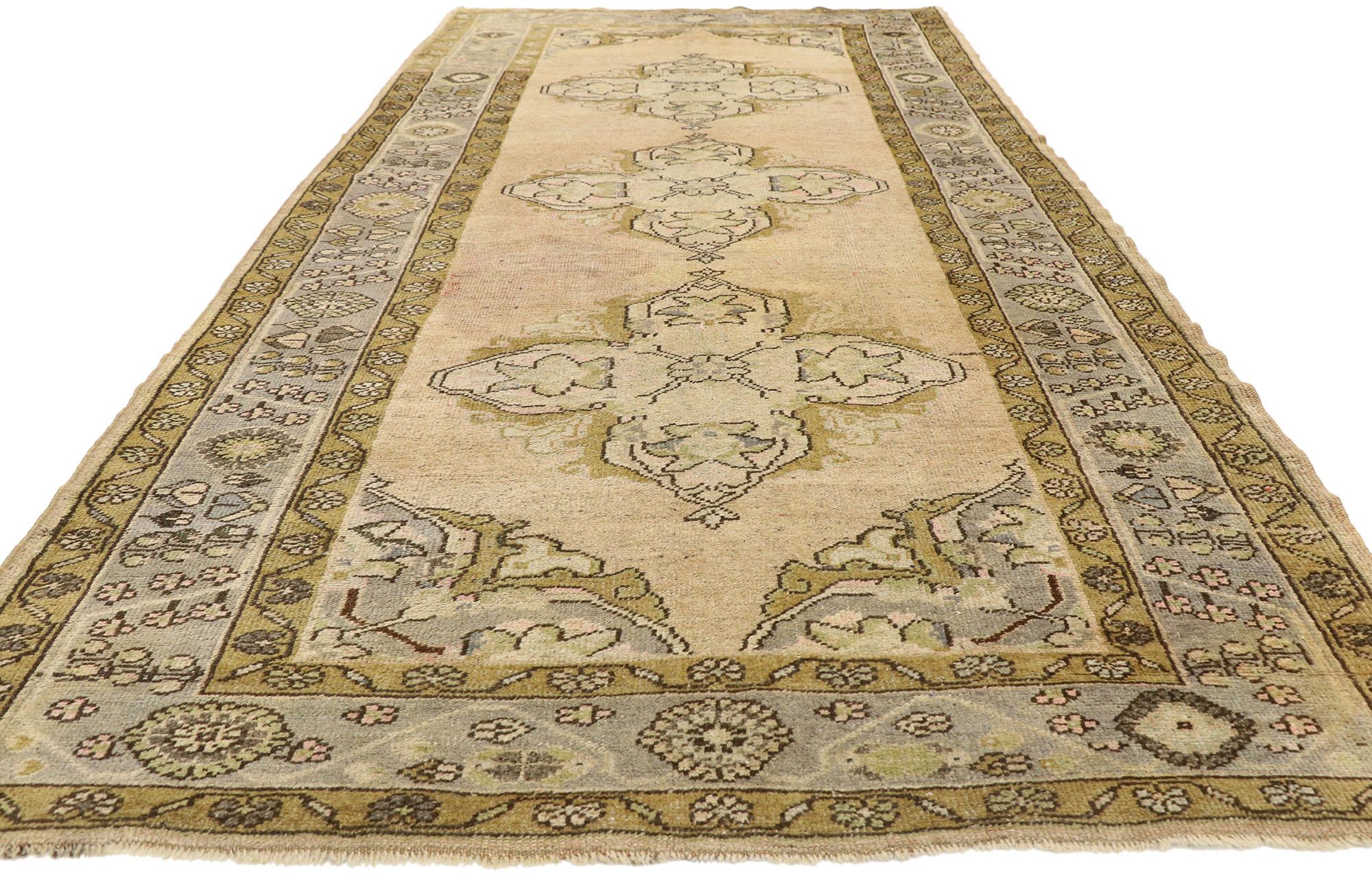 Hand-Knotted Vintage Turkish Oushak Gallery Rug in Soft Colors, Wide Hallway Runner For Sale