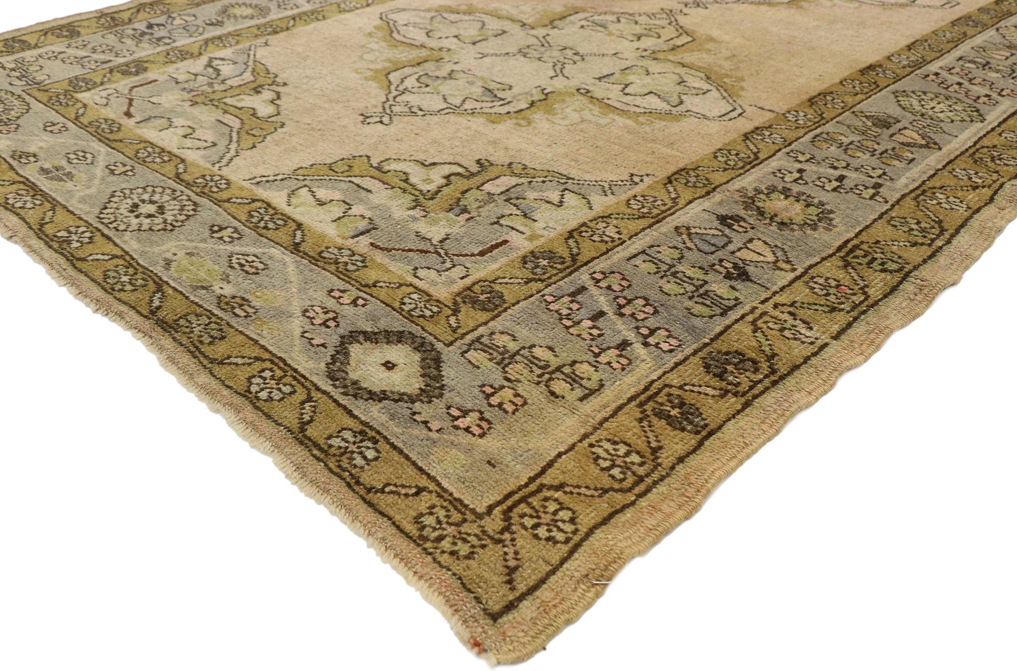 76862, Vintage Turkish Oushak Gallery Rug in Soft Colors, Wide Hallway Runner 05'02 x 10'09. Emanating grace and sophistication, this hand knotted wool vintage Turkish Oushak gallery rug provides an elegant and genteel design aesthetic with soft