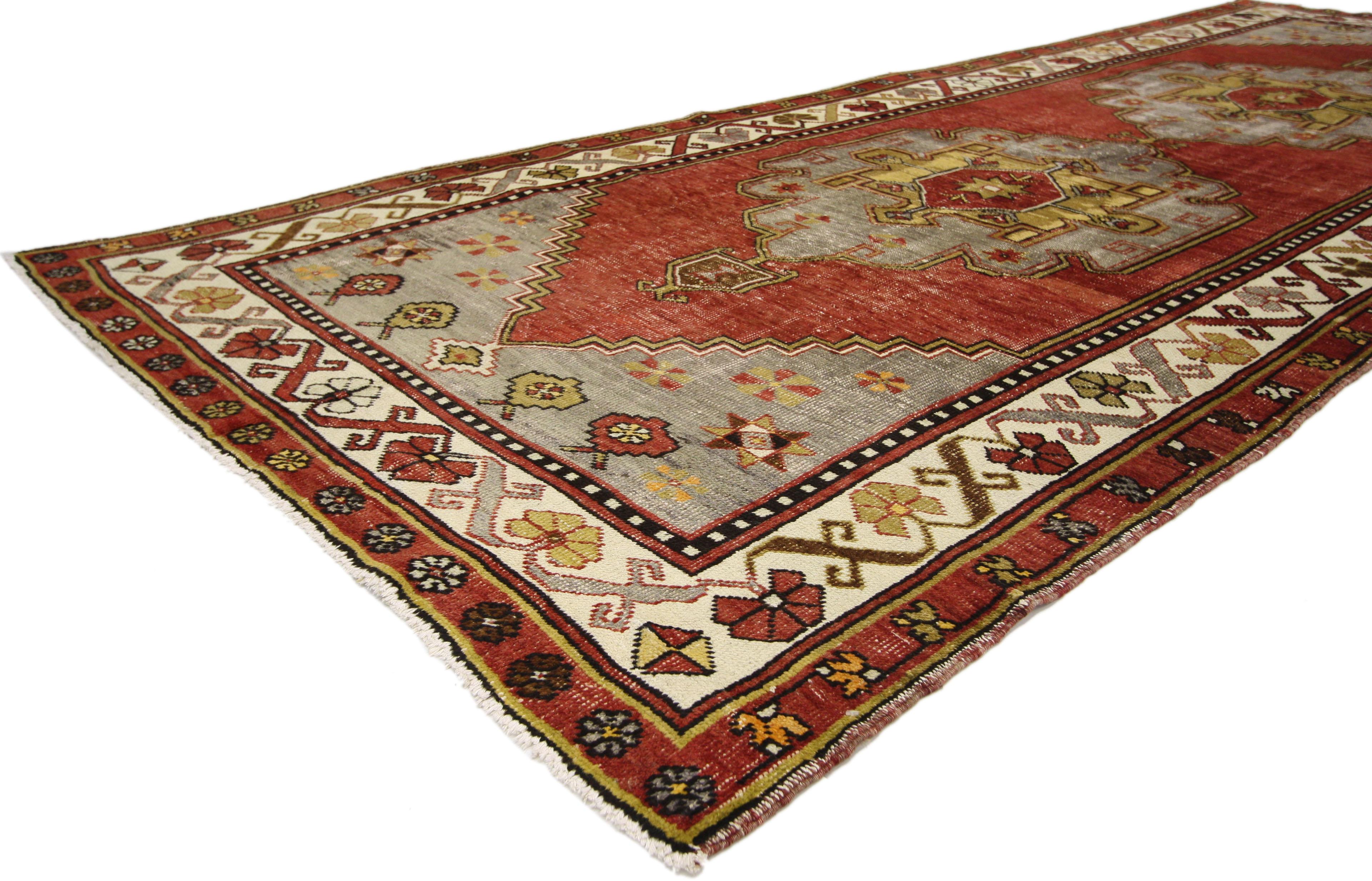 73885 Distressed Vintage Turkish Oushak Gallery Rug, Wide Hallway Runner 04'09 x 13'05. The harmony of refined color palette combined with Classic Turkish style creates an unforgettable scene and lasting impression. This vintage Turkish Oushak