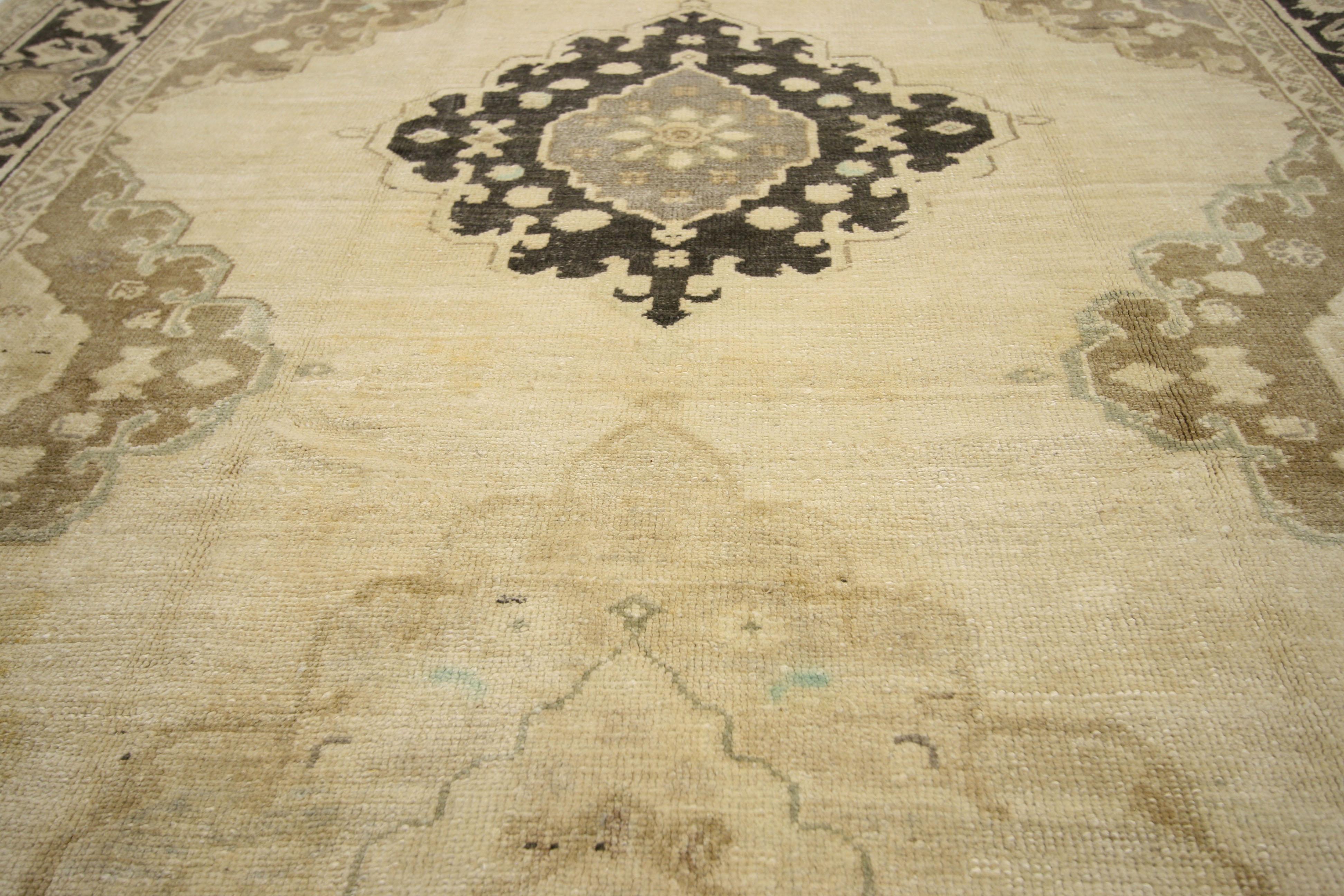 52309, vintage Turkish Oushak gallery rug, wide hallway Runner. This hand-knotted wool vintage Turkish Oushak gallery rug features five amulet medallions with filigree edges in an open abrashed field. Delicate pyramids with filigree edges reach from