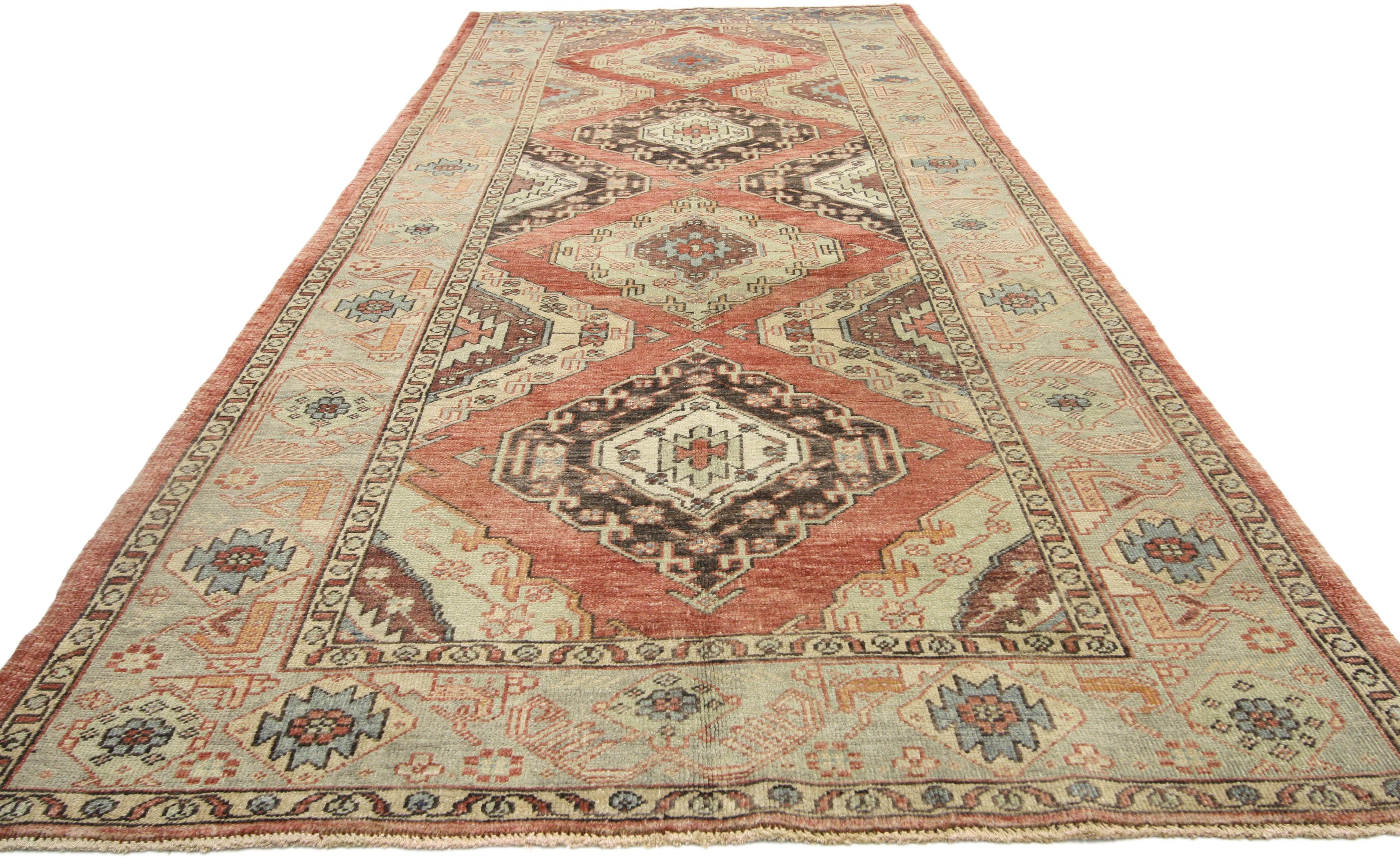 Hand-Knotted Vintage Turkish Oushak Rug, Midcentury Modern Style Meets Timeless Elegance For Sale