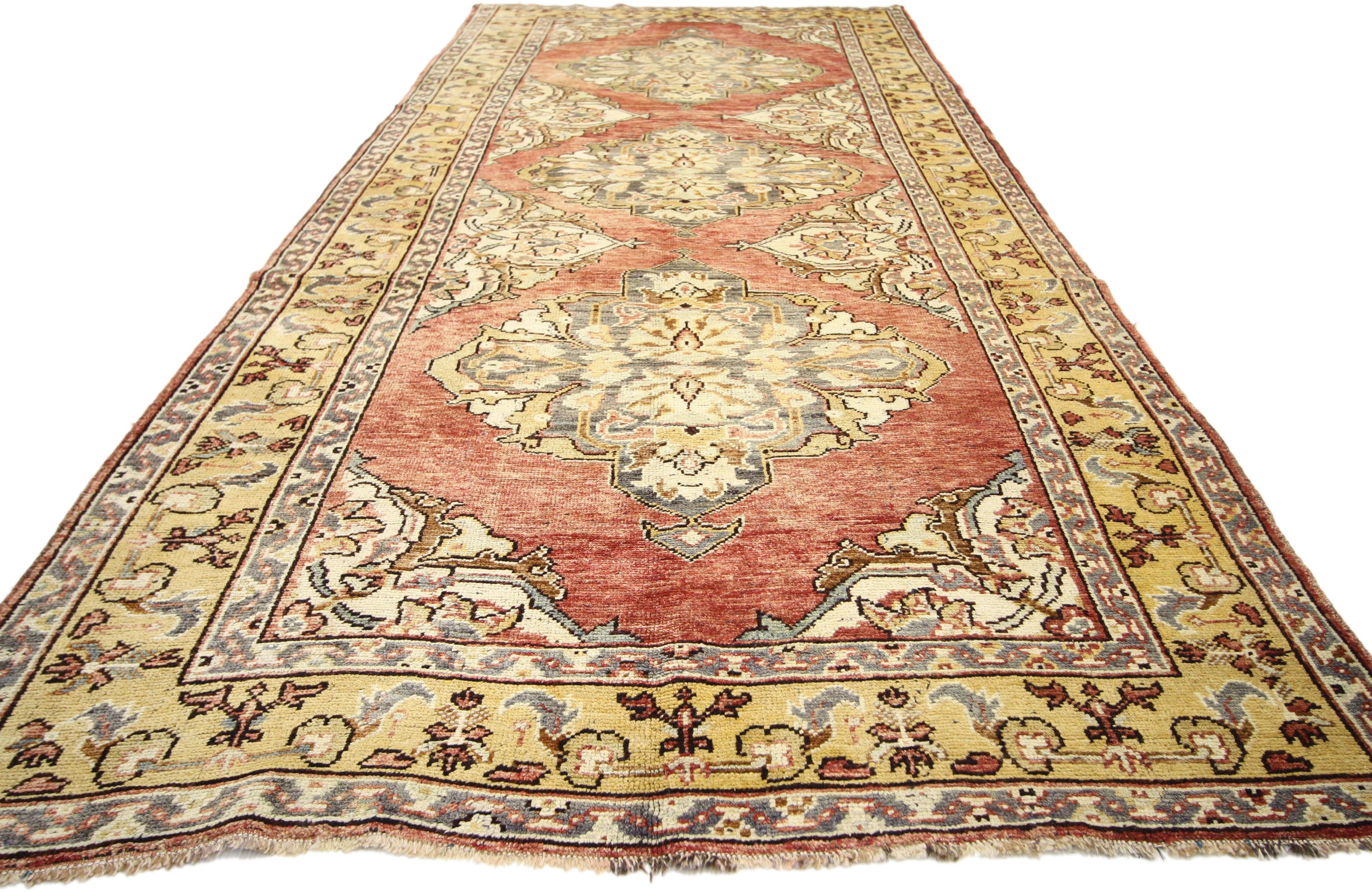 Hand-Knotted Vintage Turkish Oushak Gallery Rug, Wide Hallway Runner For Sale