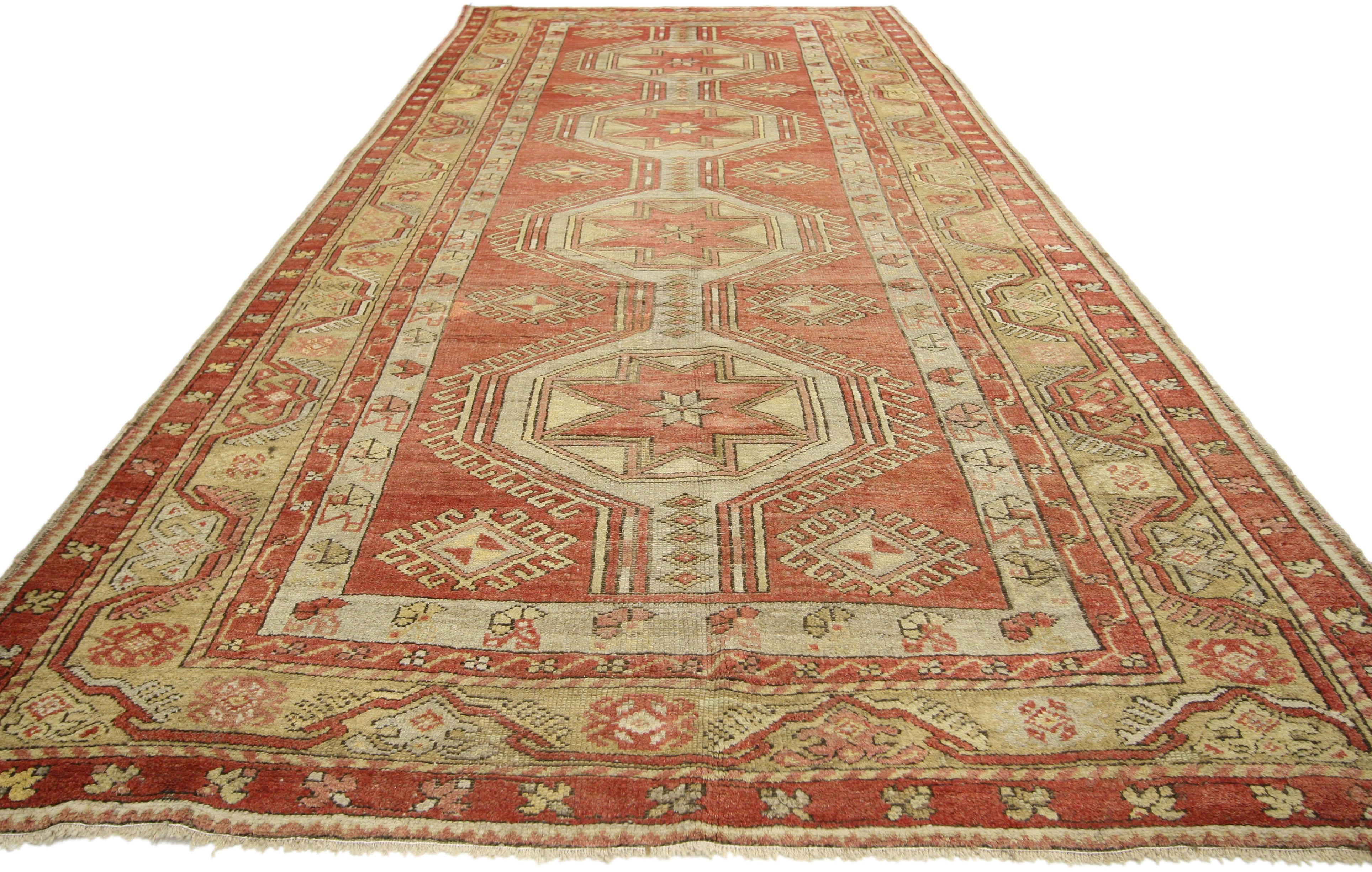 Hand-Knotted Vintage Turkish Oushak Gallery Rug, Wide Hallway Runner For Sale