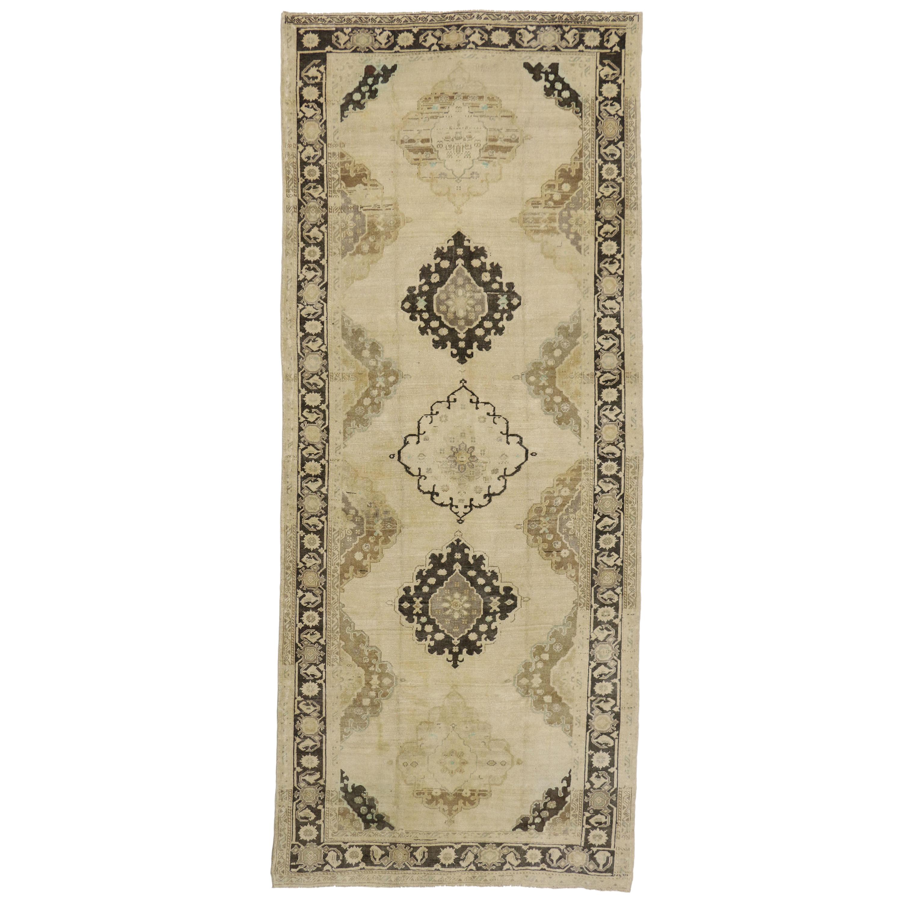 Vintage Turkish Oushak Gallery Rug, Wide Hallway Runner